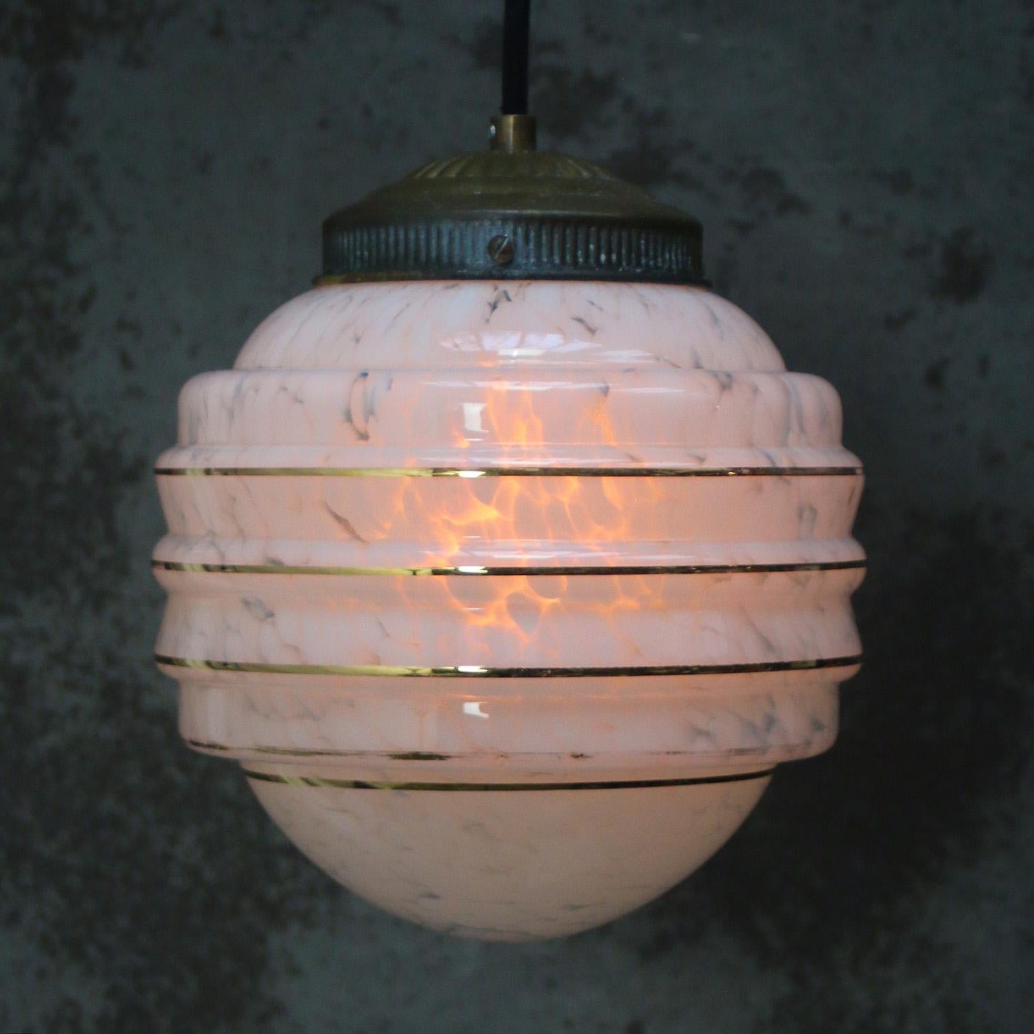 Francese French Art Deco “Clichy” Blue Gold Striped Reeded Glass Pendant Light in vendita