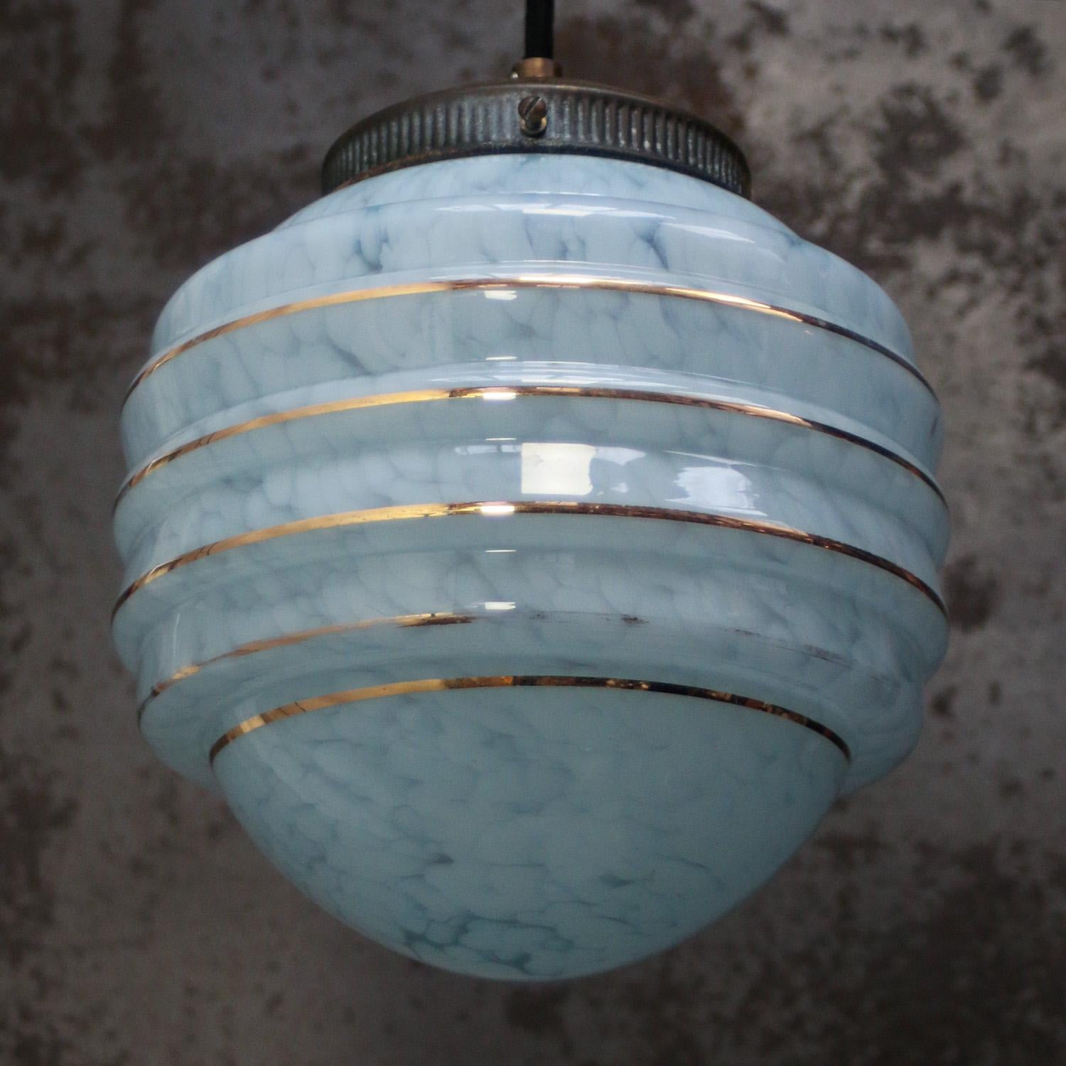 XX secolo French Art Deco “Clichy” Blue Gold Striped Reeded Glass Pendant Light in vendita