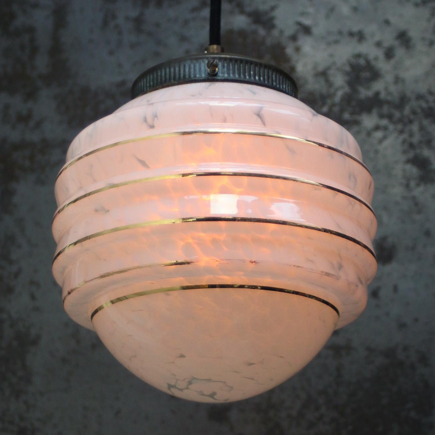 Ottone French Art Deco “Clichy” Blue Gold Striped Reeded Glass Pendant Light in vendita