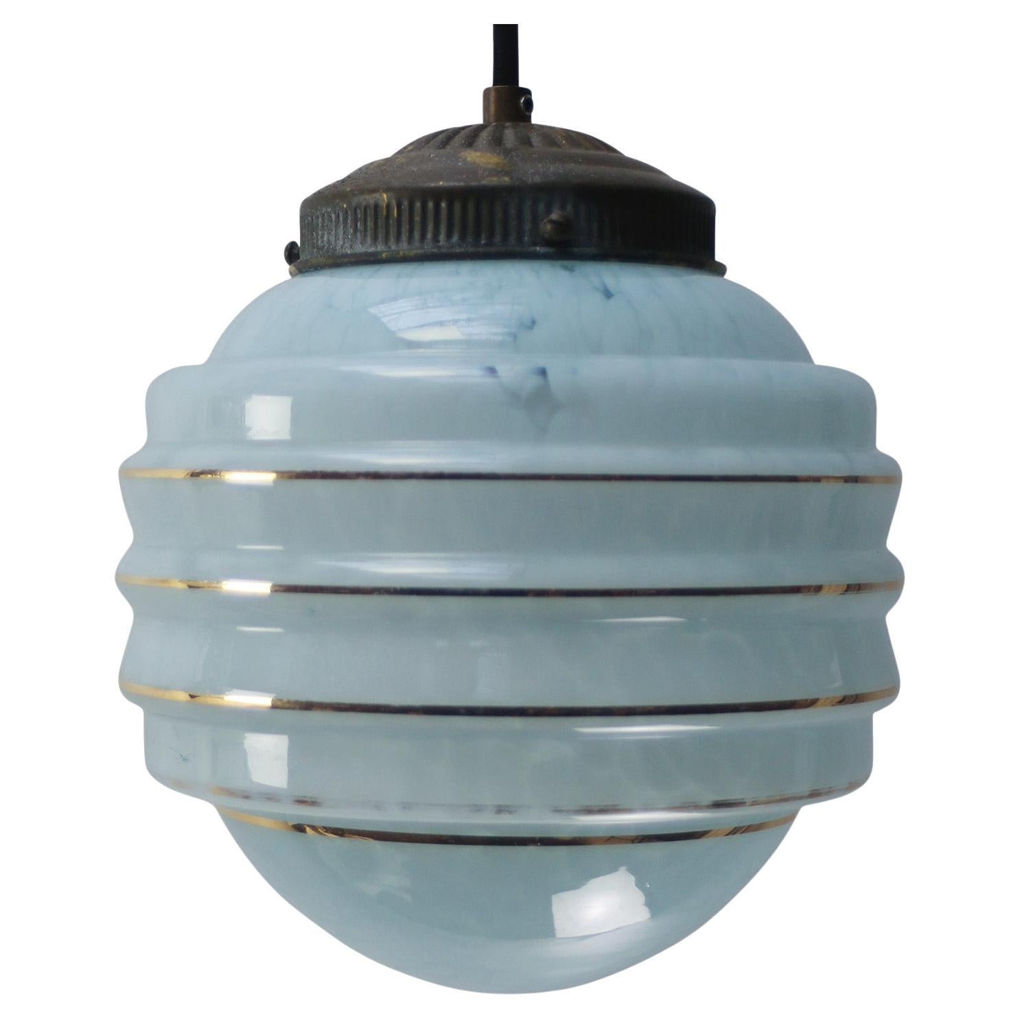 French Art Deco “Clichy” Blue Gold Striped Reeded Glass Pendant Light in vendita