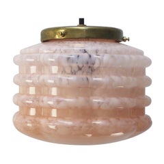 French Art Deco “Clichy” Pink Reeded Glass Pendant Lamp