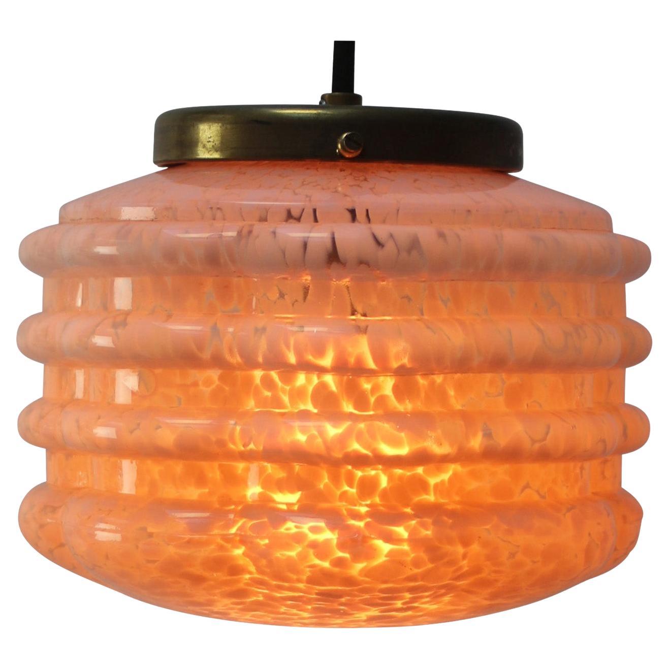 French Art Deco “Clichy” Pink Reeded Glass Pendant Lamp
