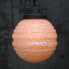 French Art Deco “Clichy” Pink Reeded Glass Pendant Light