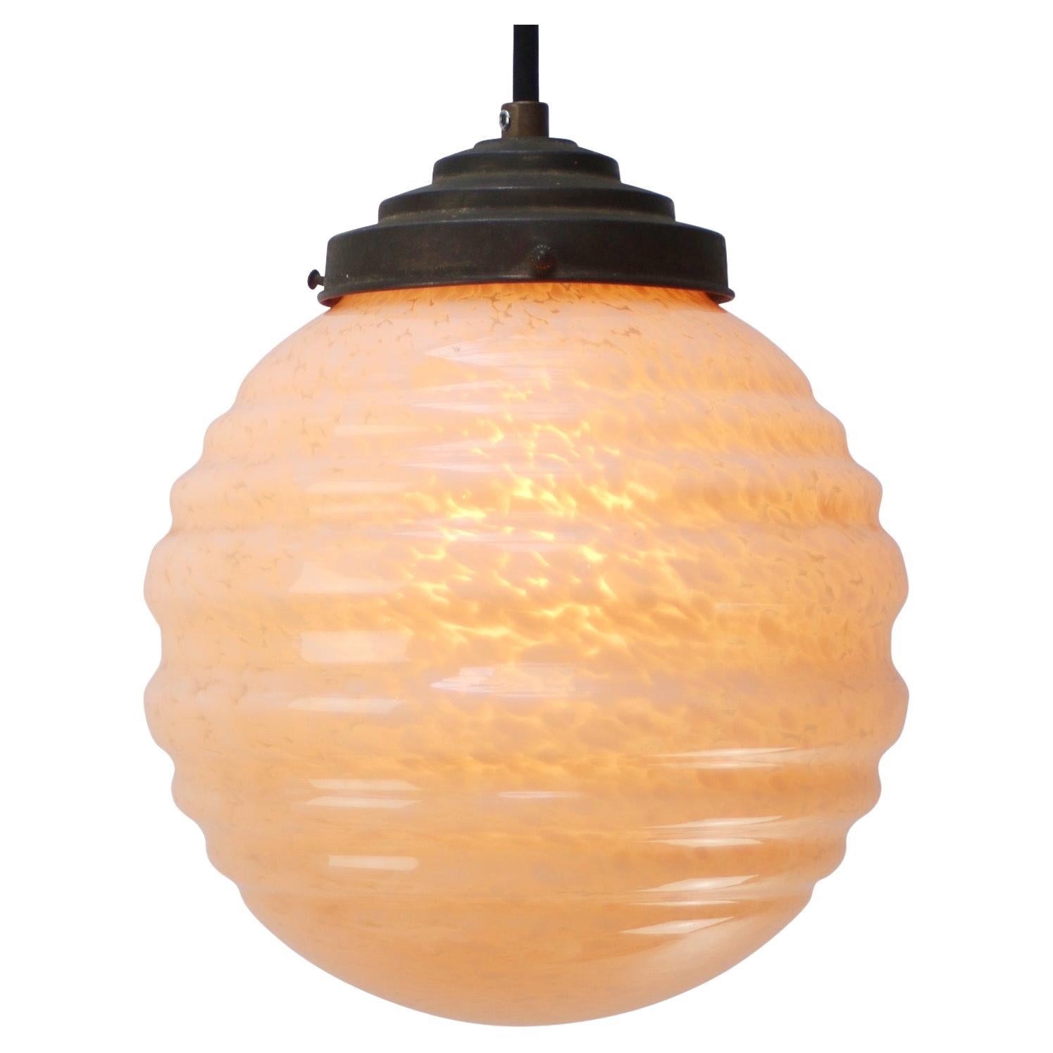 French Art Deco “Clichy” Pink Reeded Glass Pendant Light