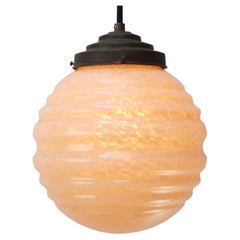French Art Deco “Clichy” Pink Reeded Glass Pendant Light