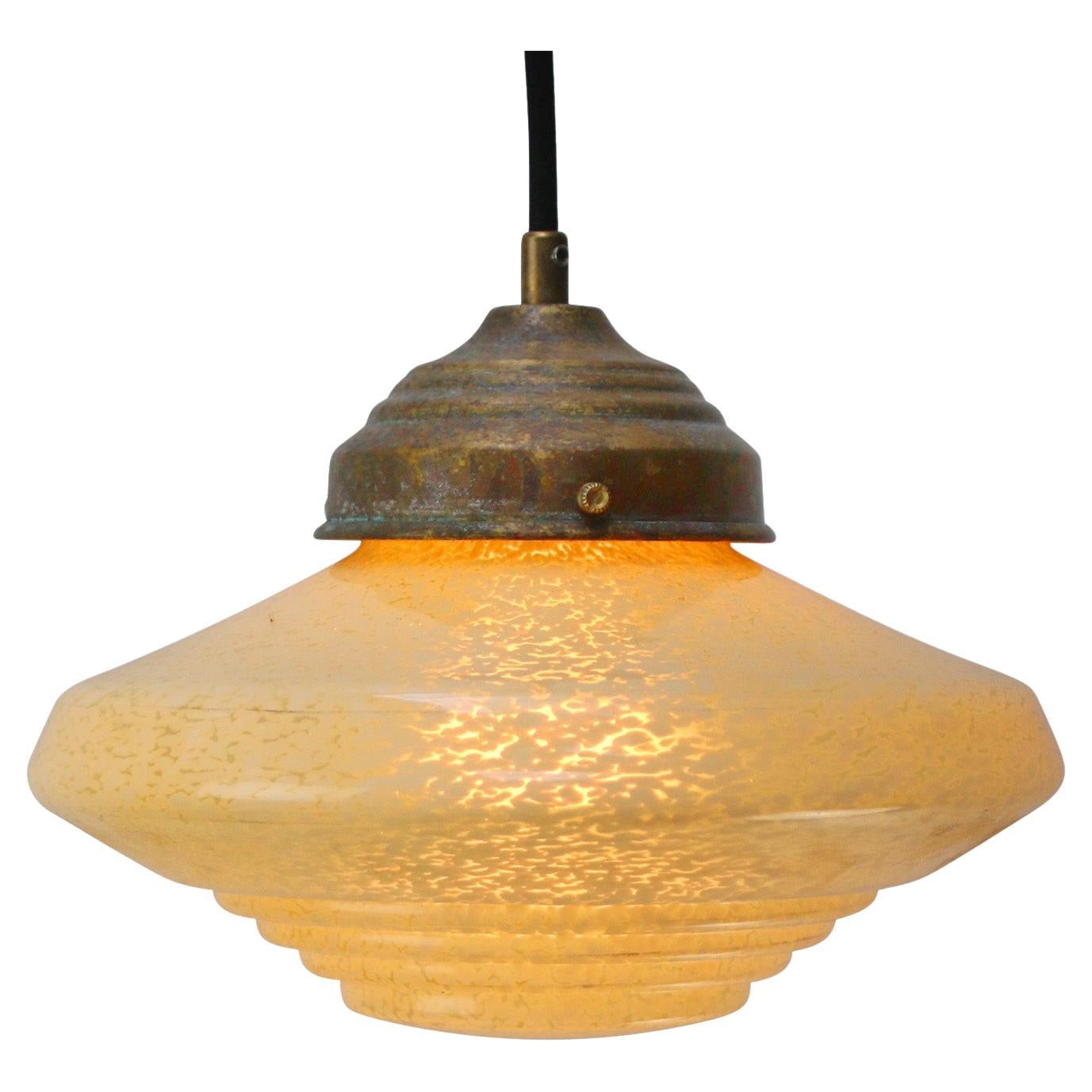 French Art Deco “Clichy” Yellow Reeded Glass Pendant Light