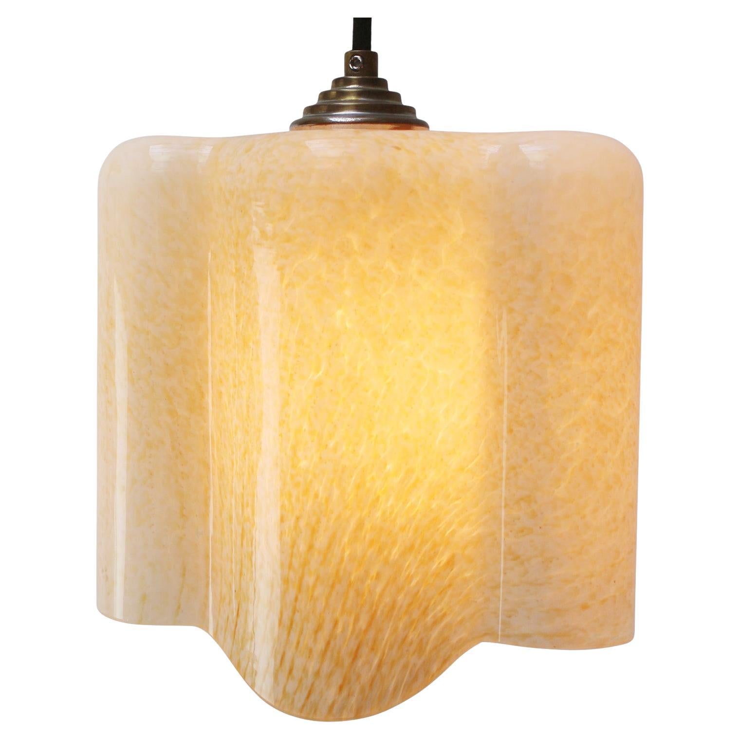 French Art Deco “Clichy” Yellow Reeded Glass Pendant Light