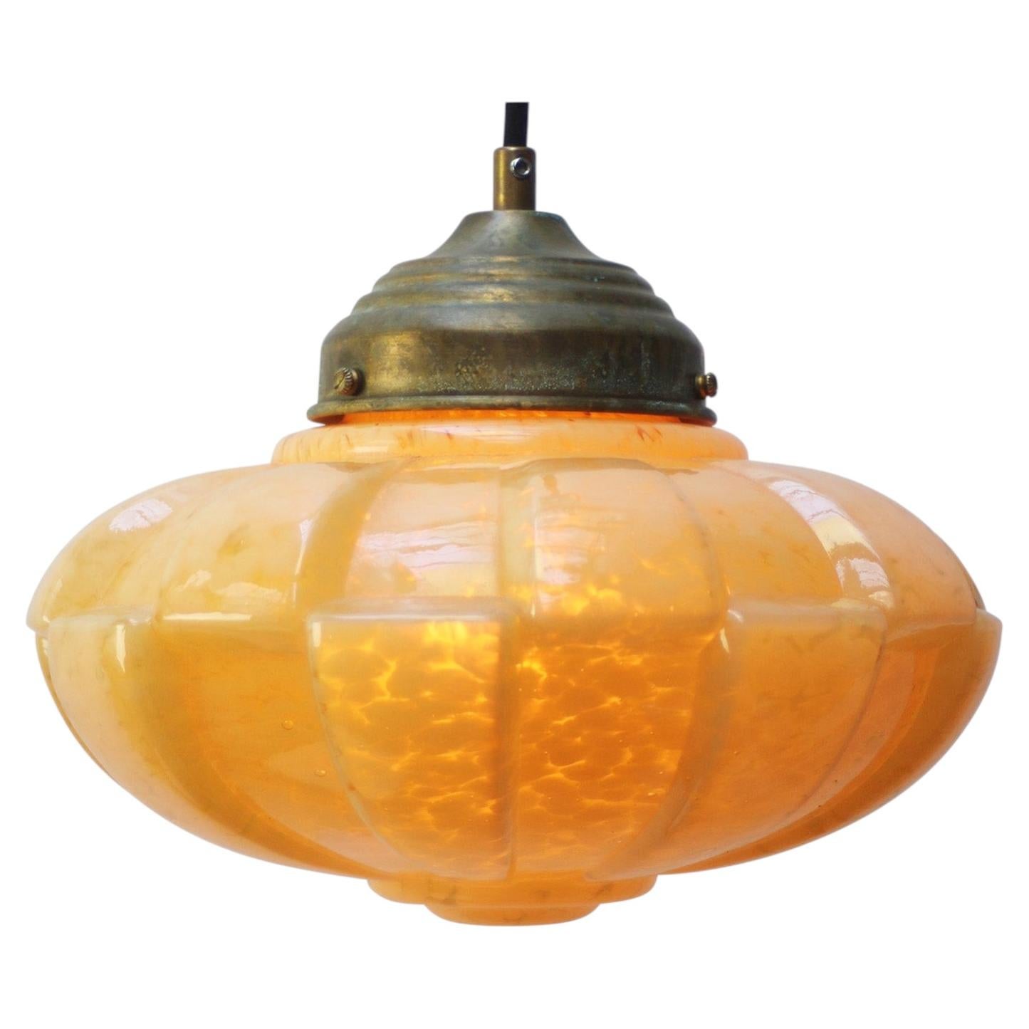 French Art Deco “Clichy” Yellow Reeded Glass Pendant Light