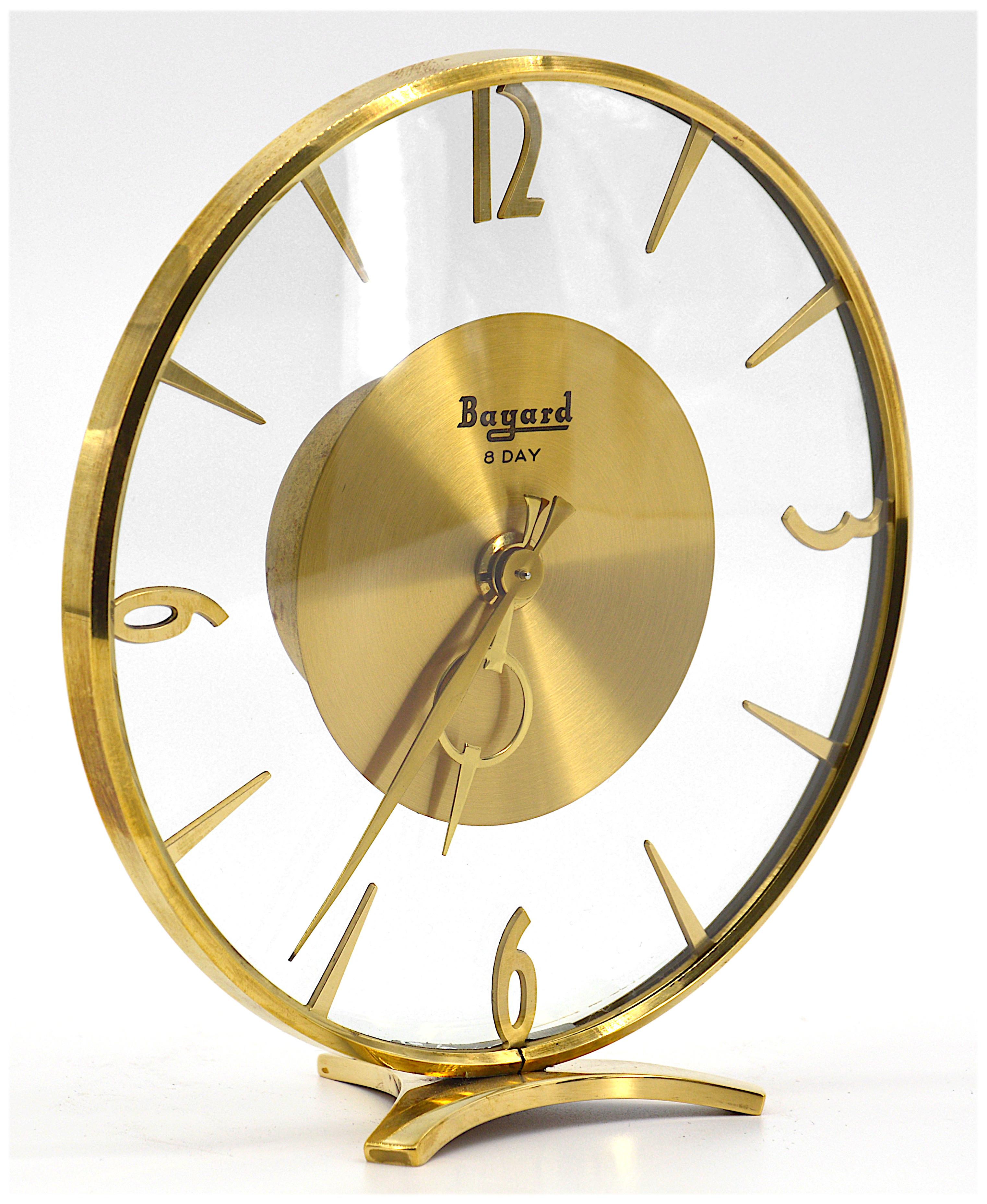 Art Deco table clock by Bayard, France, 1930s. Brass and glass. 8 days movement. Measures: Height 6.7