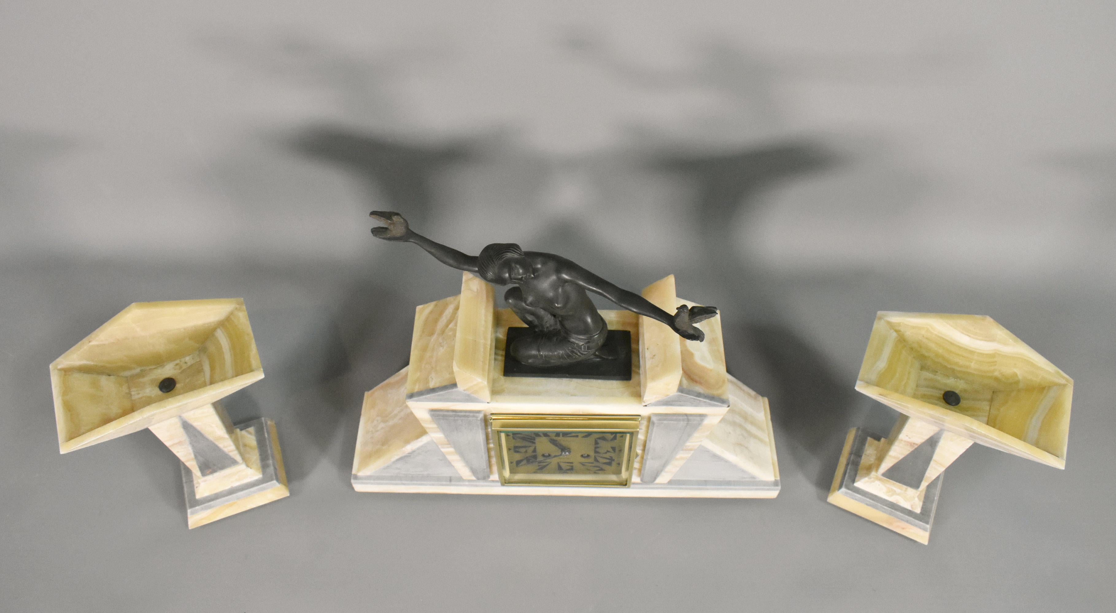 French Art Deco Clock & Garniture by H Molins-Balleste & Tahou, Lourdes For Sale 5