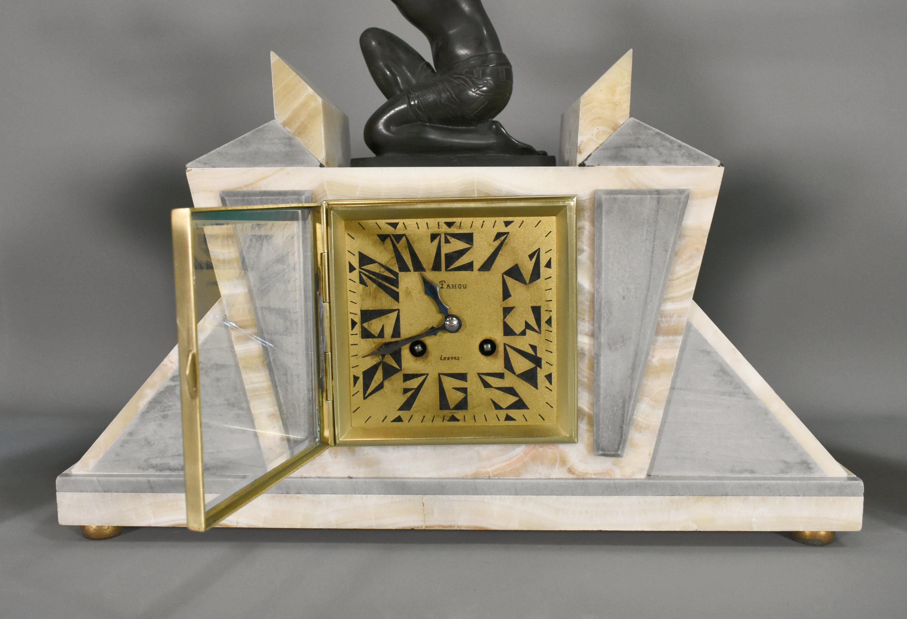 French Art Deco Clock & Garniture by H Molins-Balleste & Tahou, Lourdes For Sale 6
