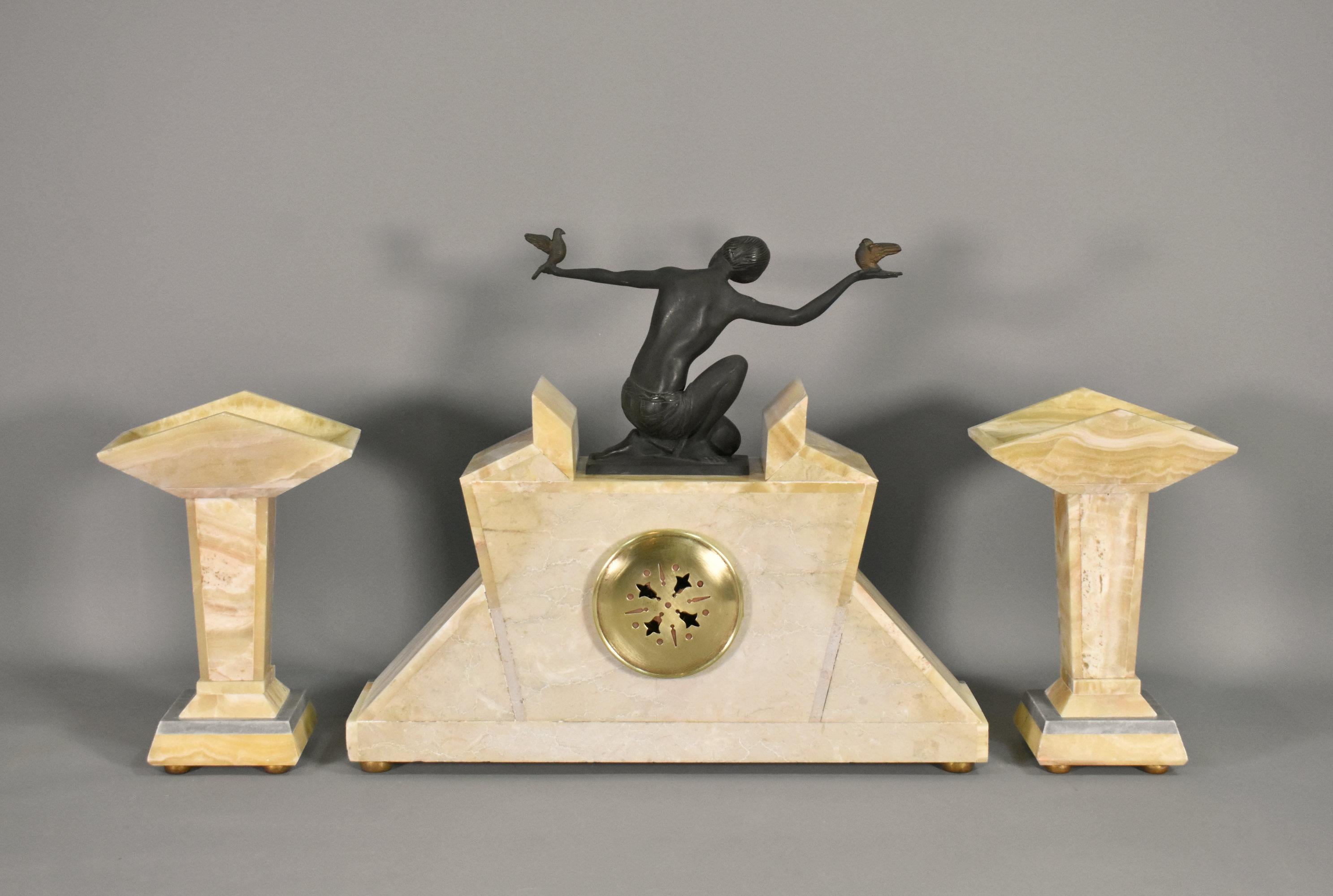 French Art Deco Clock & Garniture by H Molins-Balleste & Tahou, Lourdes For Sale 7