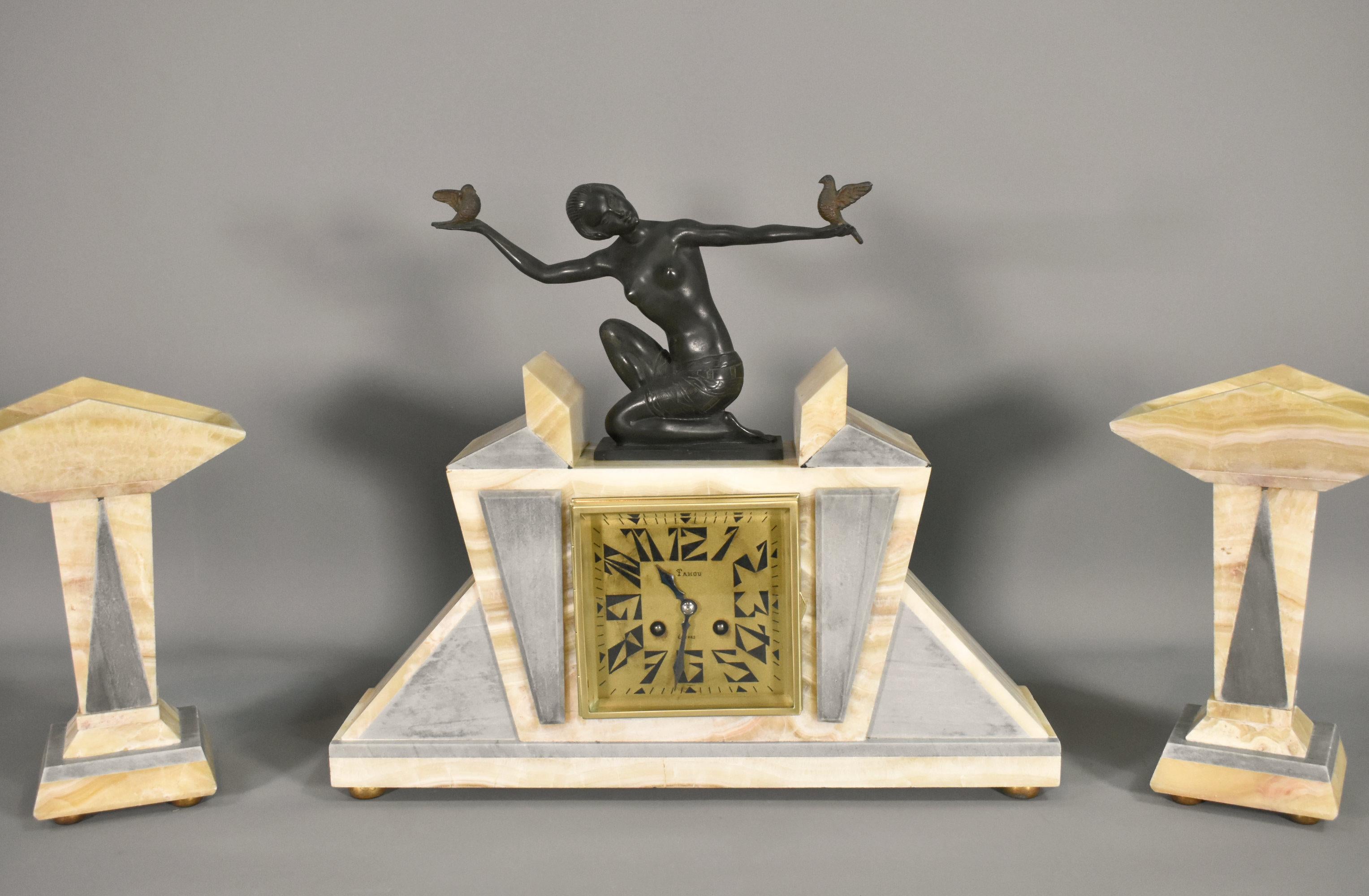 French Art Deco Clock & Garniture by H Molins-Balleste & Tahou, Lourdes For Sale 12