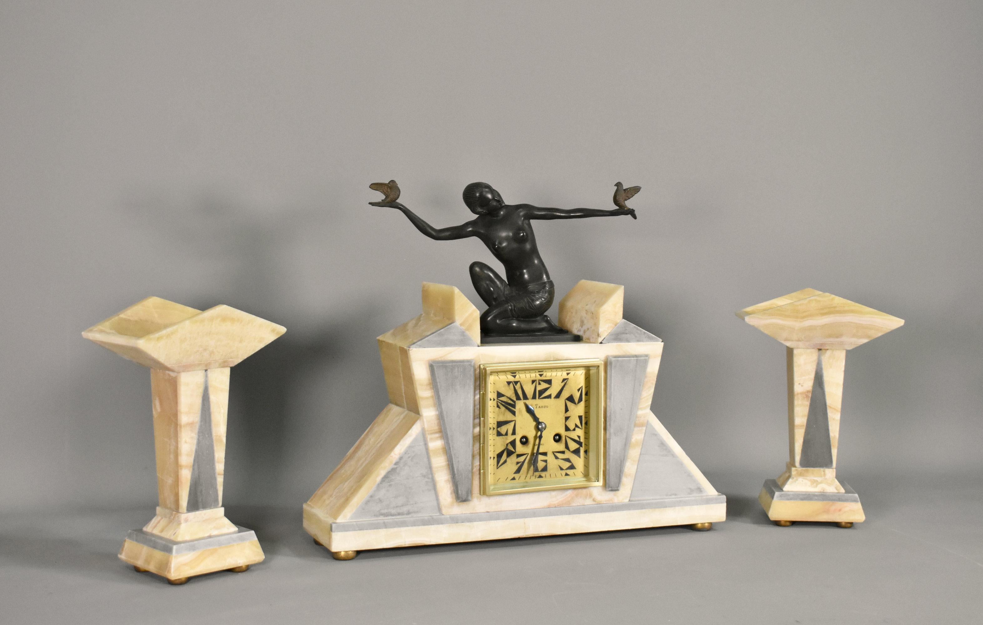 French Art Deco Clock & Garniture by H Molins-Balleste & Tahou, Lourdes In Good Condition For Sale In SAINTE-COLOMBE, FR