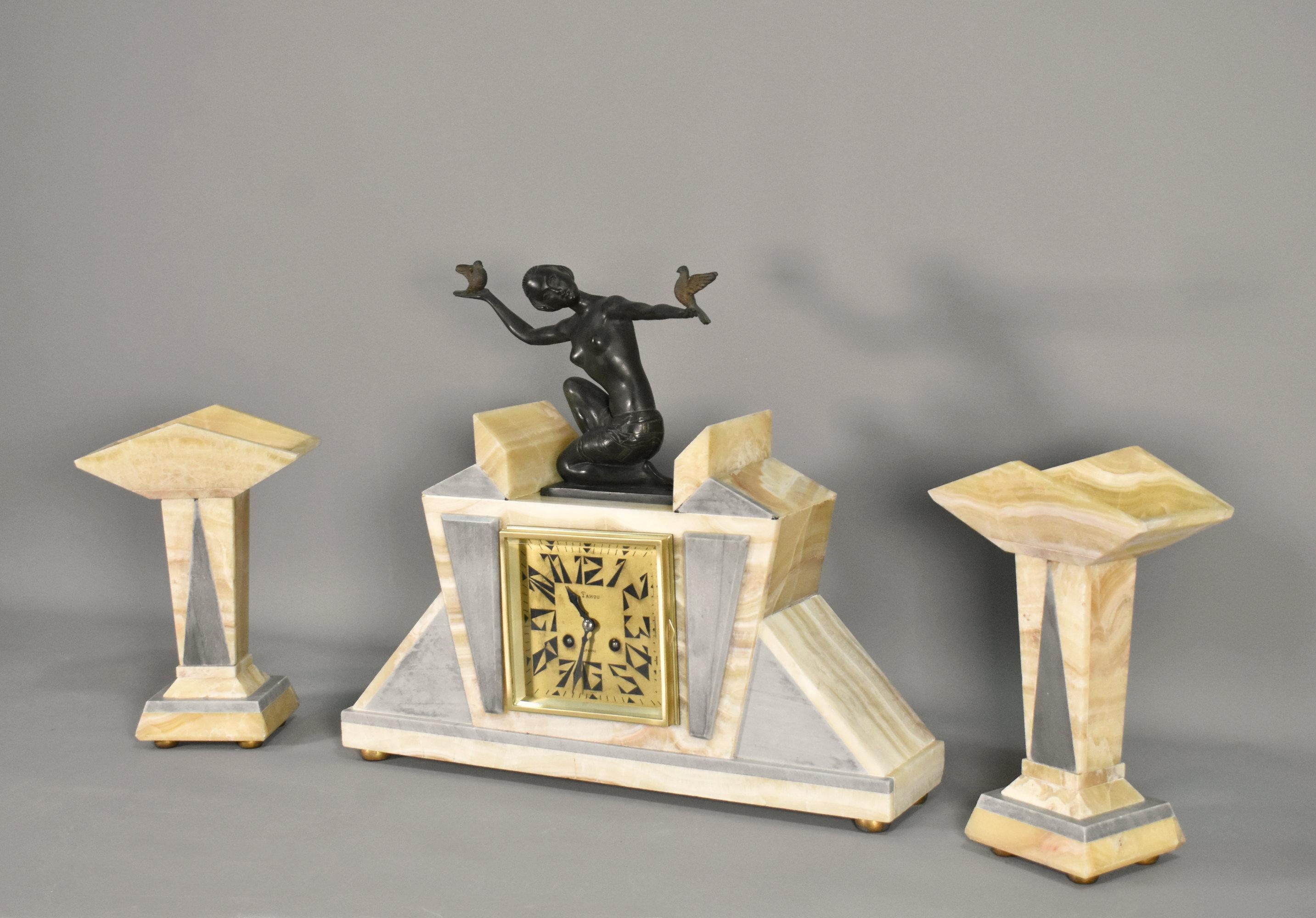 20th Century French Art Deco Clock & Garniture by H Molins-Balleste & Tahou, Lourdes For Sale