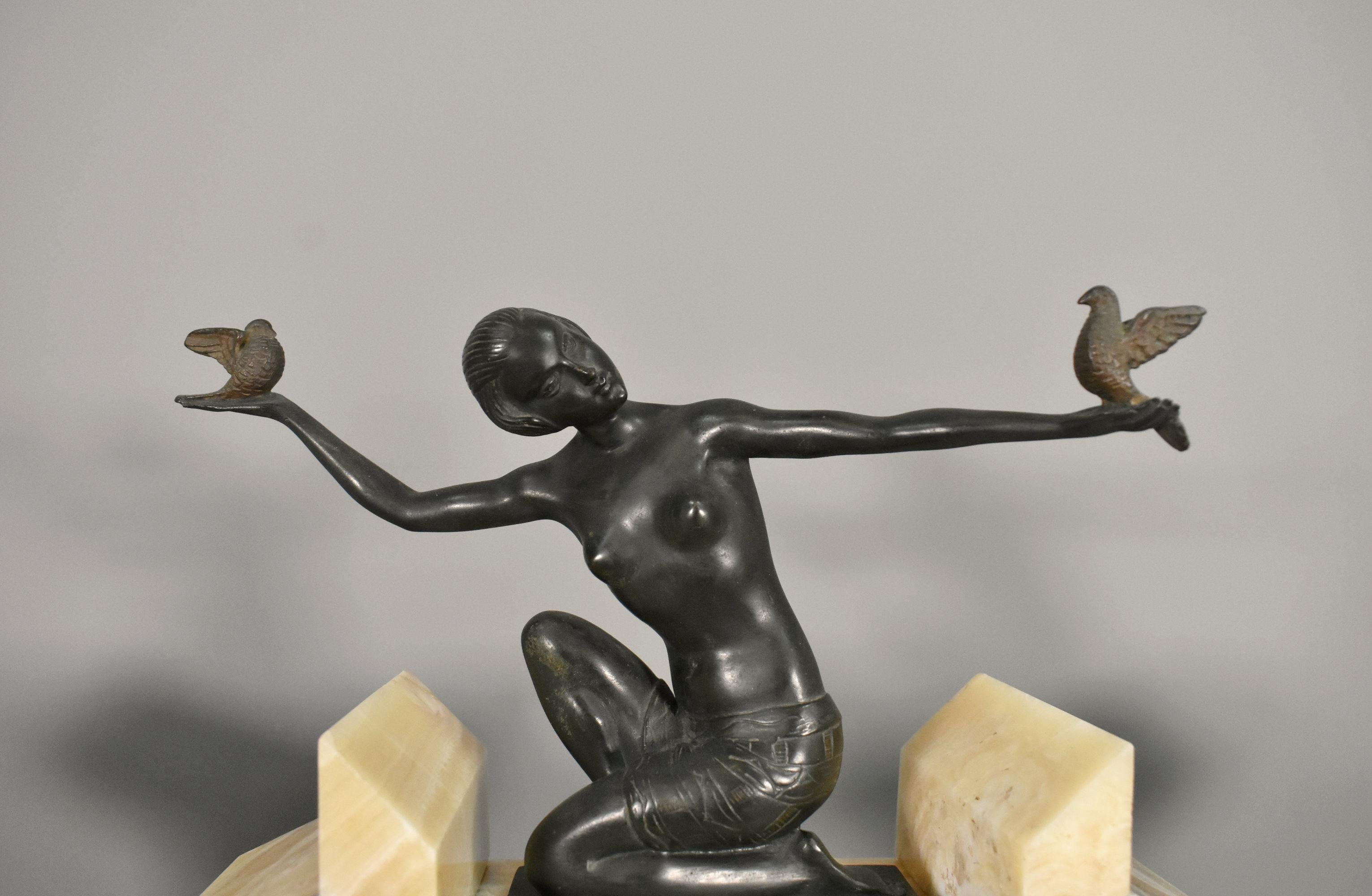 Brass French Art Deco Clock & Garniture by H Molins-Balleste & Tahou, Lourdes For Sale