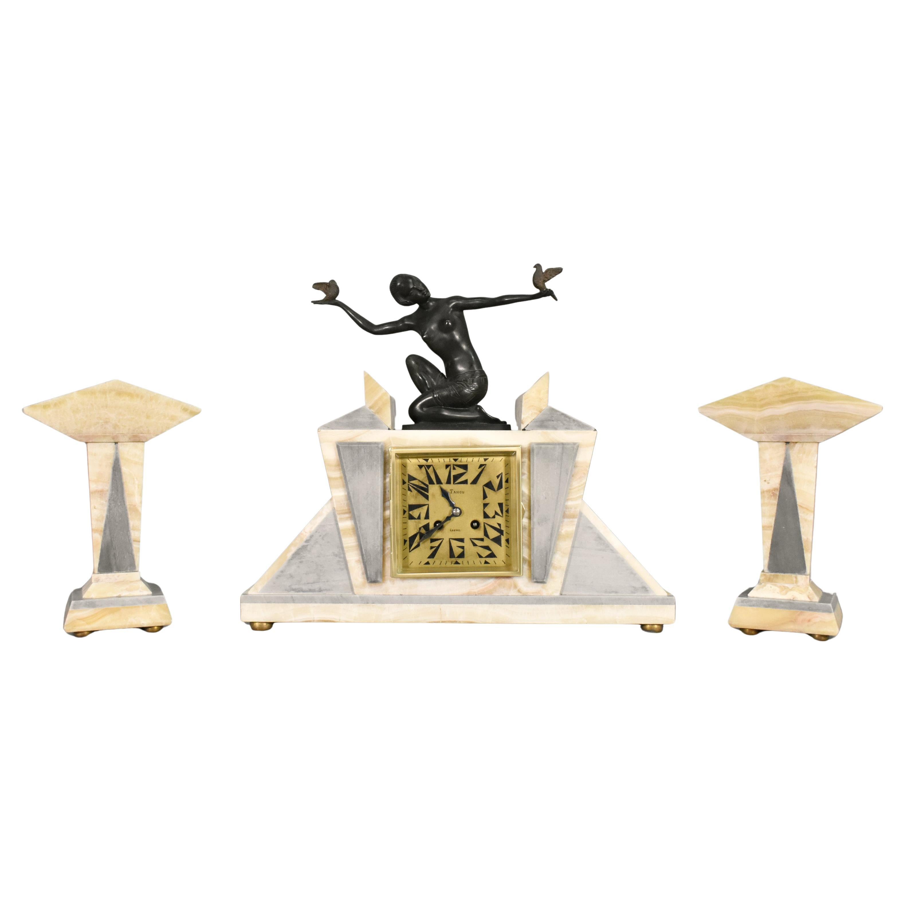 French Art Deco Clock 
Garniture by H Molins-Balleste 
Tahou, Lourdes