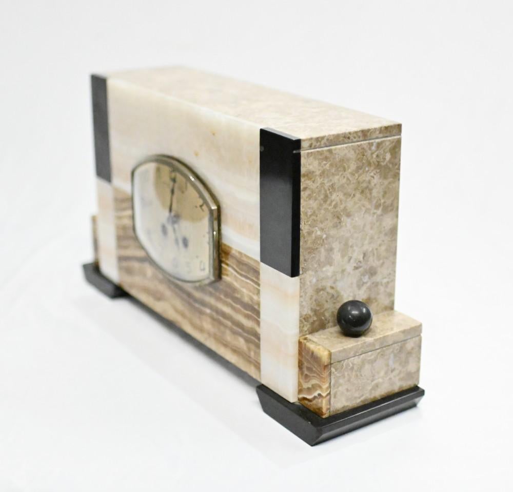 French Art Deco Clock Marble Mantle Timepiece For Sale 1