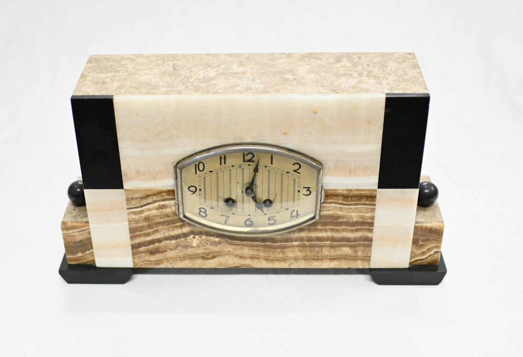 Mid-20th Century French Art Deco Clock Marble Mantle Timepiece For Sale