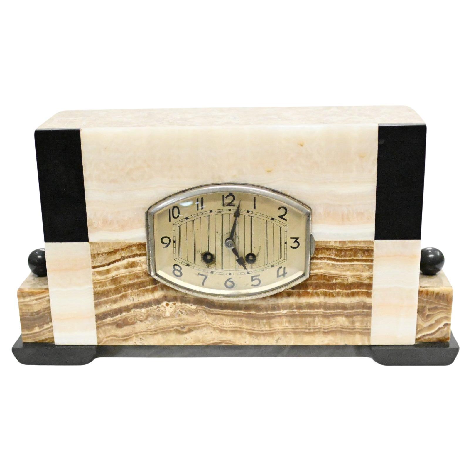 French Art Deco Clock Marble Mantle Timepiece For Sale