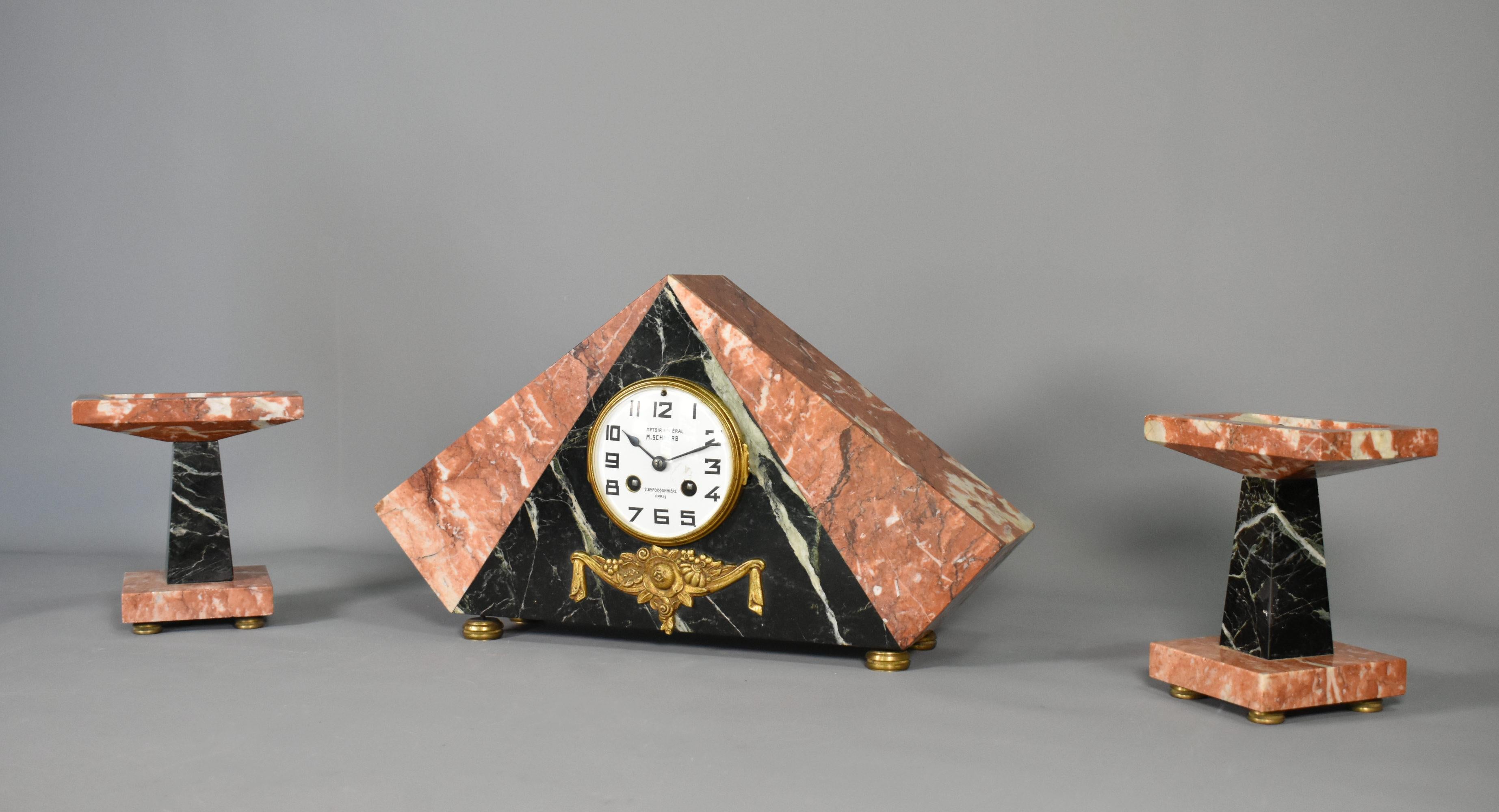 French Art Deco Clock Set by Comptoir General, M Schnerb, Paris In Good Condition For Sale In SAINTE-COLOMBE, FR