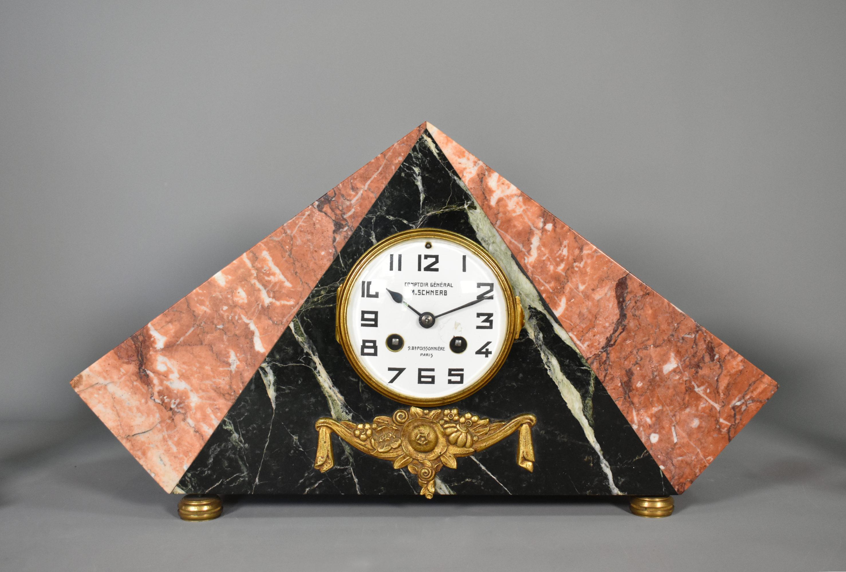 20th Century French Art Deco Clock Set by Comptoir General, M Schnerb, Paris For Sale