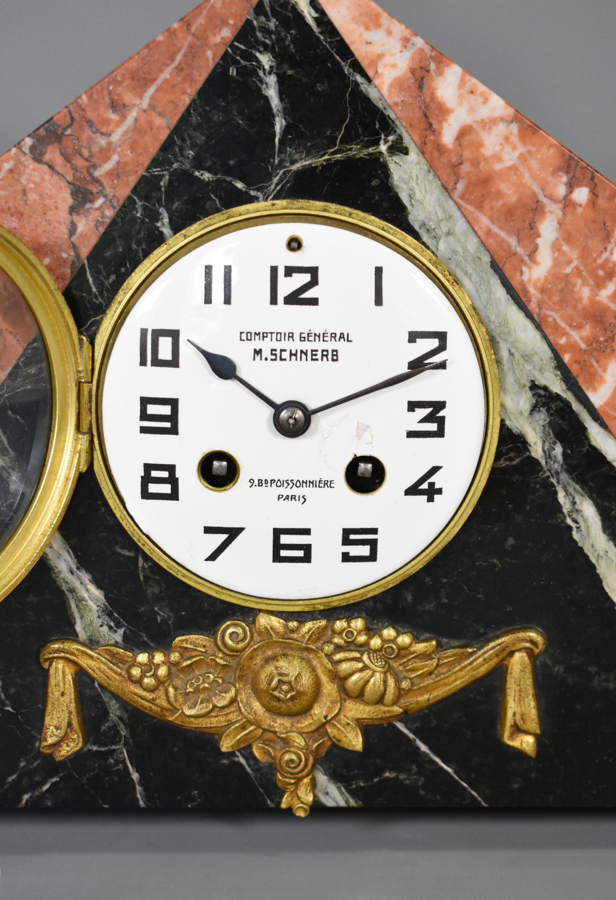 French Art Deco Clock Set by Comptoir General, M Schnerb, Paris For Sale 1