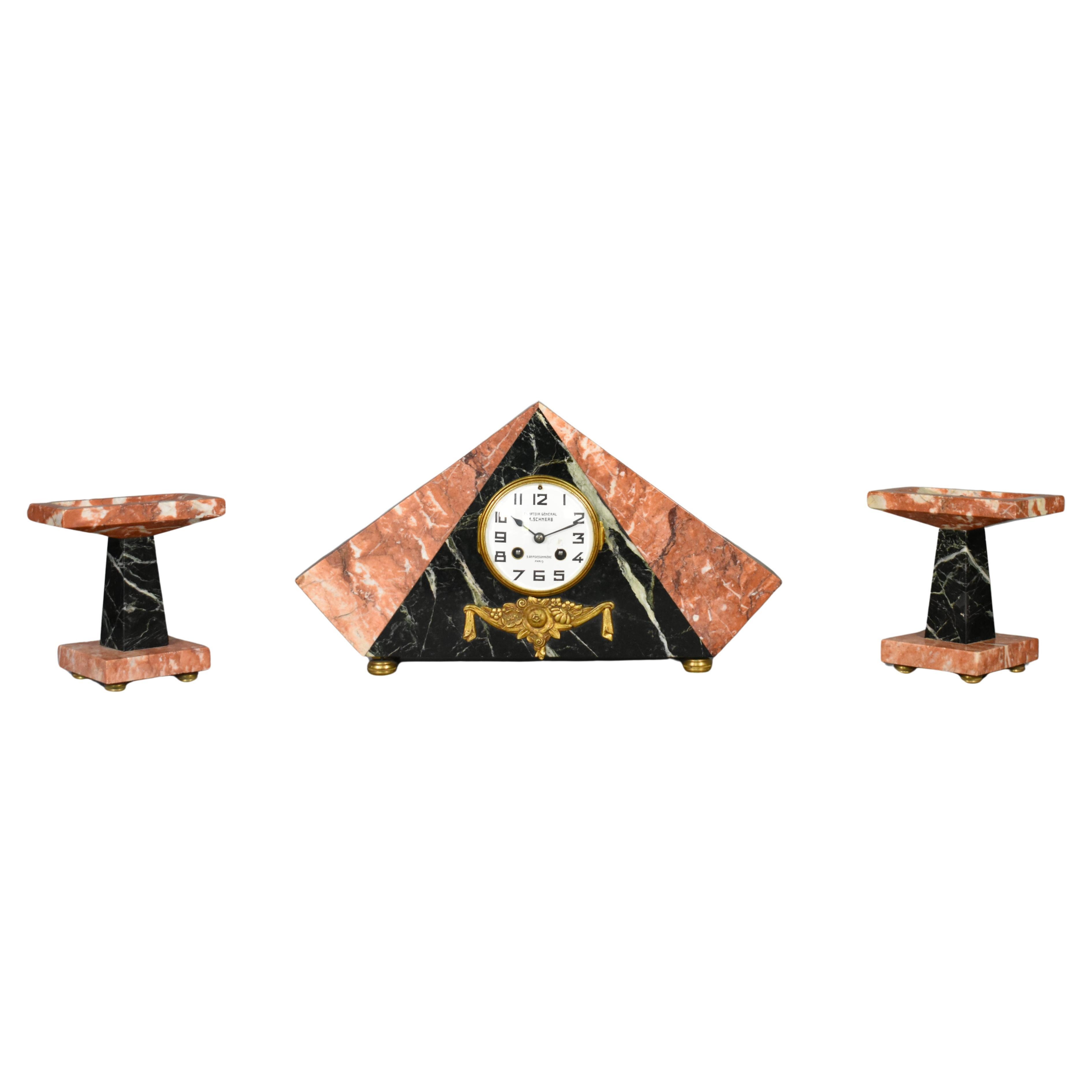 French Art Deco Clock Set by Comptoir General, M Schnerb, Paris For Sale