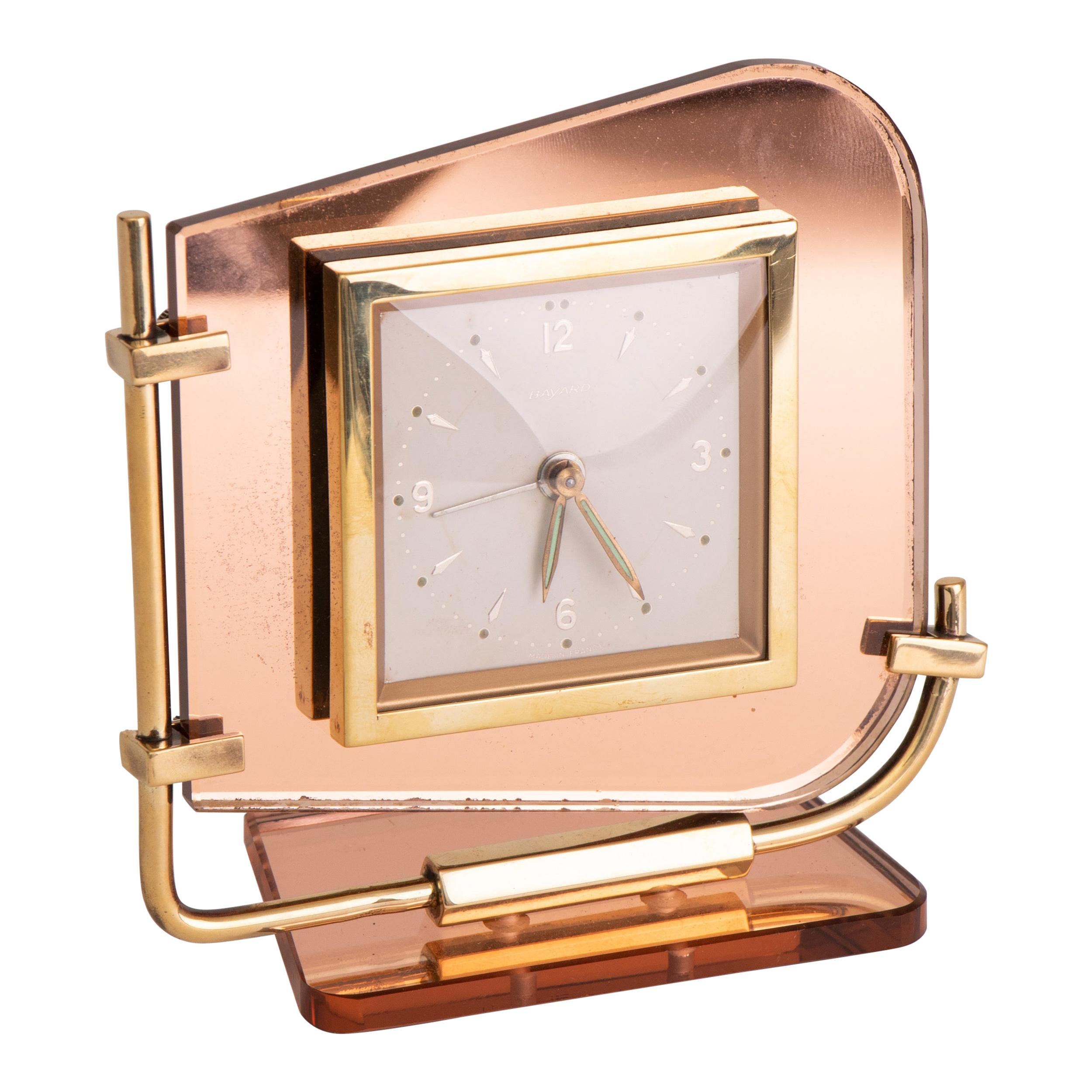 French Art Deco Clock with Peach Mirrored Glass by Bayard