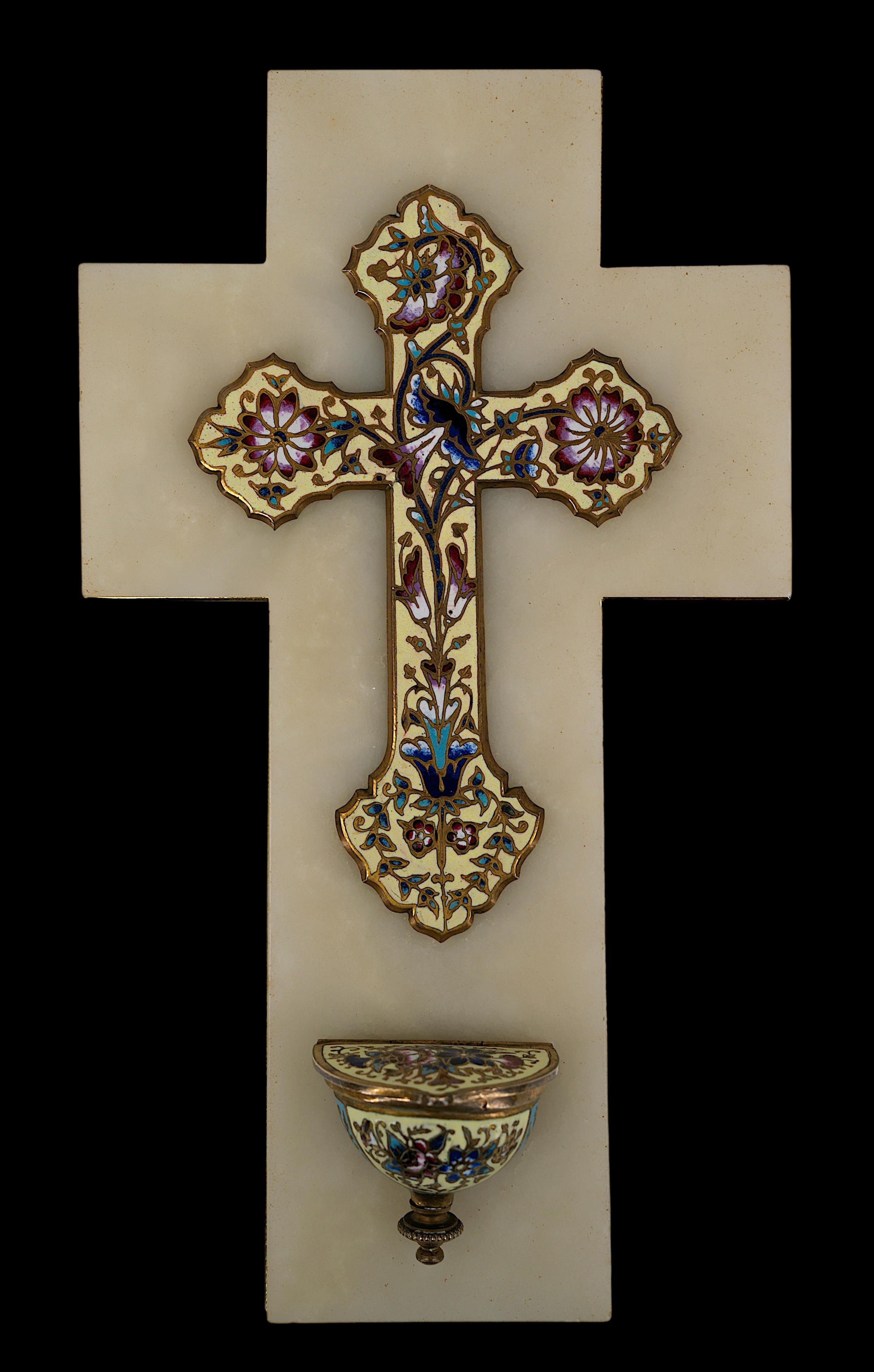 Cloisonne bronze stoup crucifix on an onyx and bronze stand, France, ca.1920. Measures: Height: 10