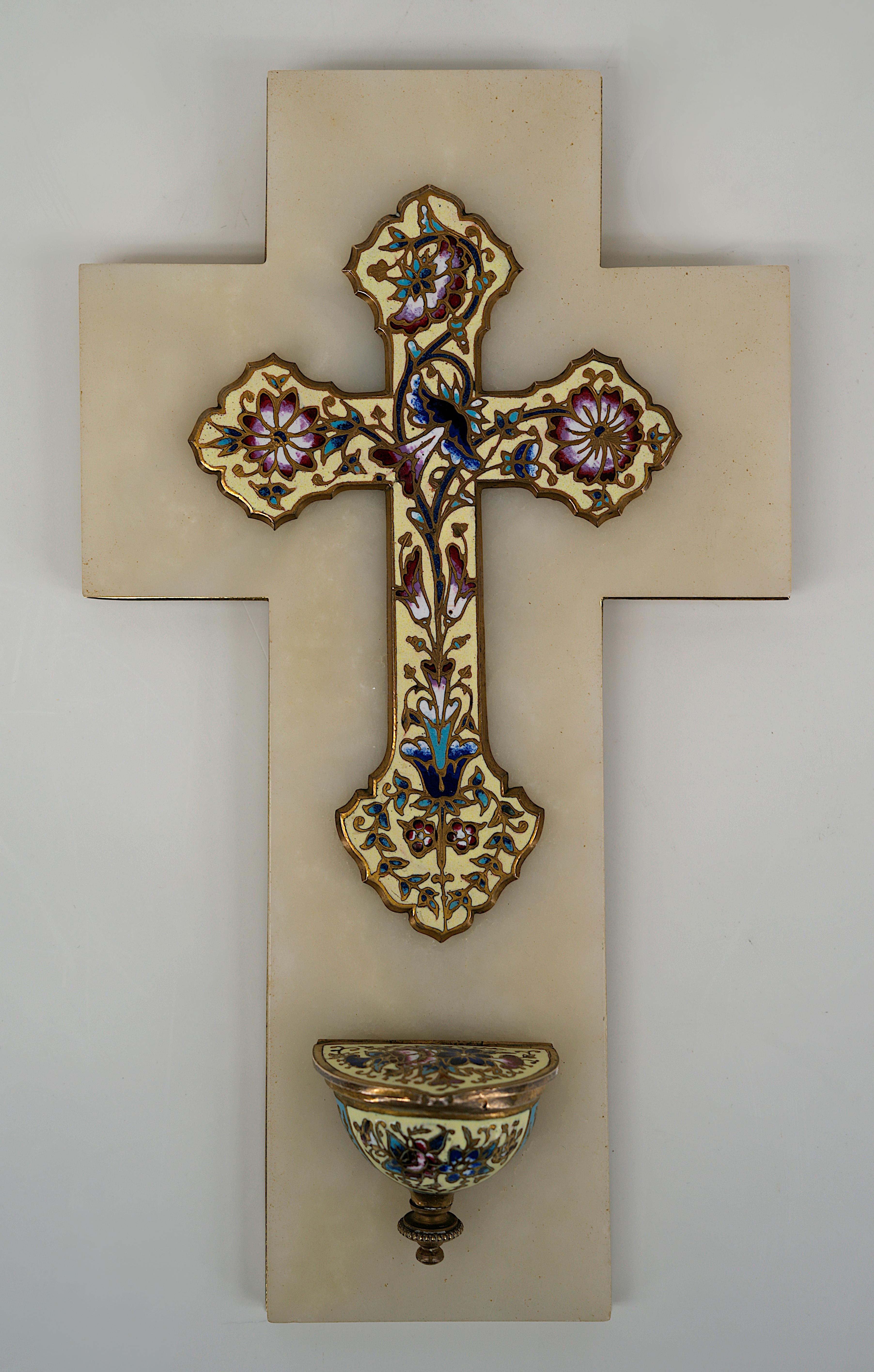 Cloisonne bronze stoup crucifix on an onyx and bronze stand, France, ca.1920. Measures: Height: 10