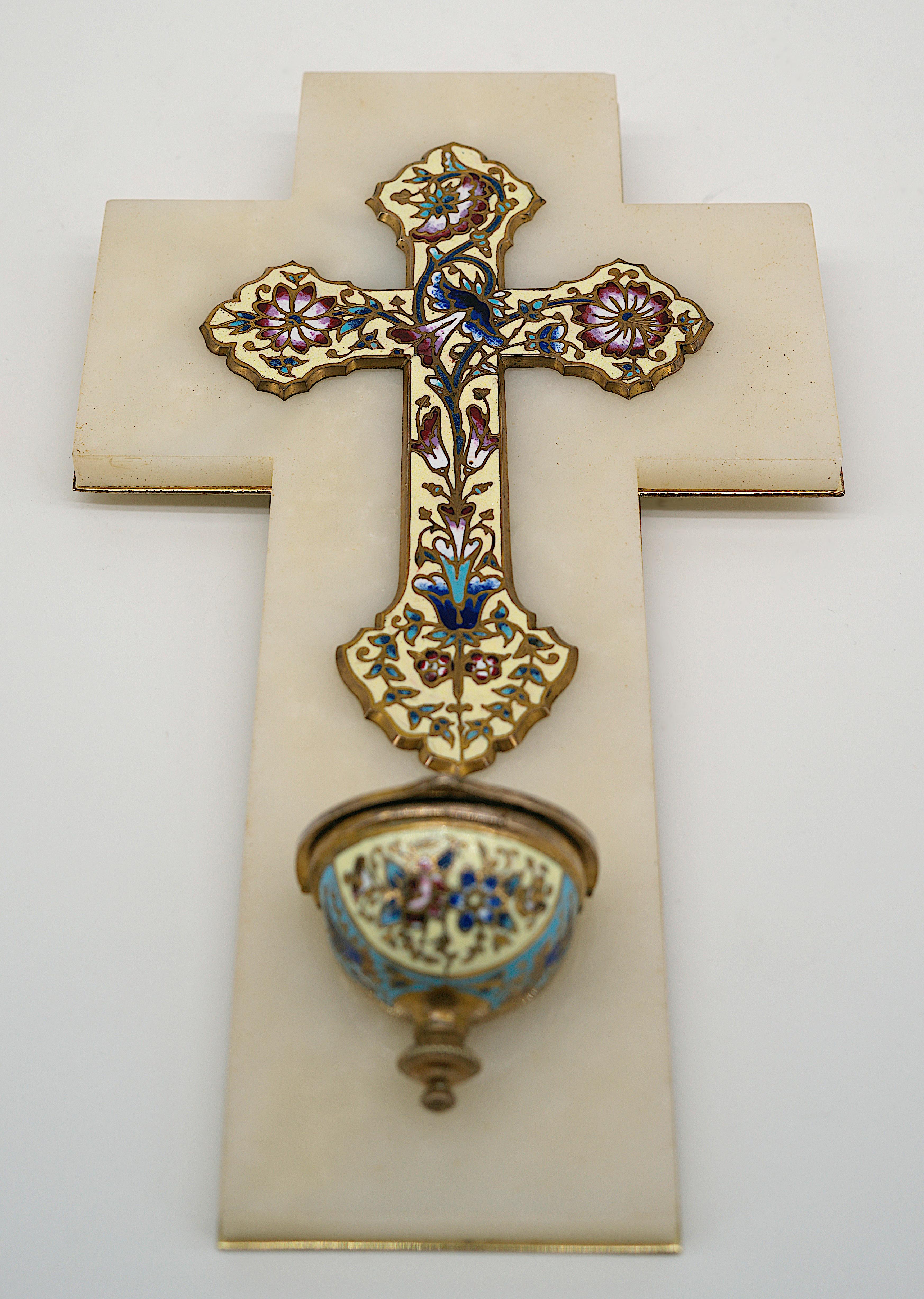 Enameled French Art Deco Cloisonne Bronze Stoup Crucifix, 1920 For Sale