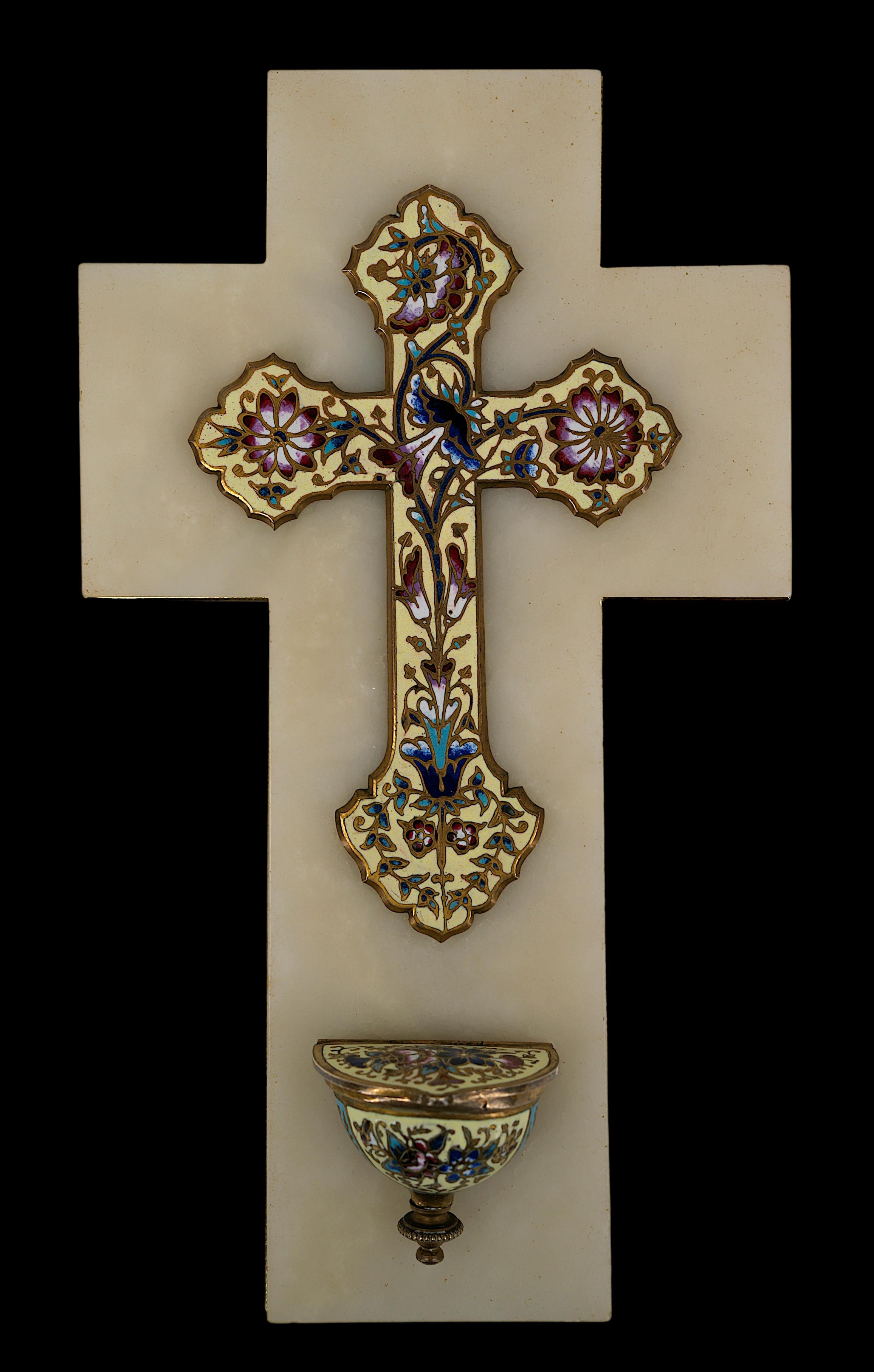 Enameled French Art Deco Cloisonne Bronze Stoup Crucifix, 1920