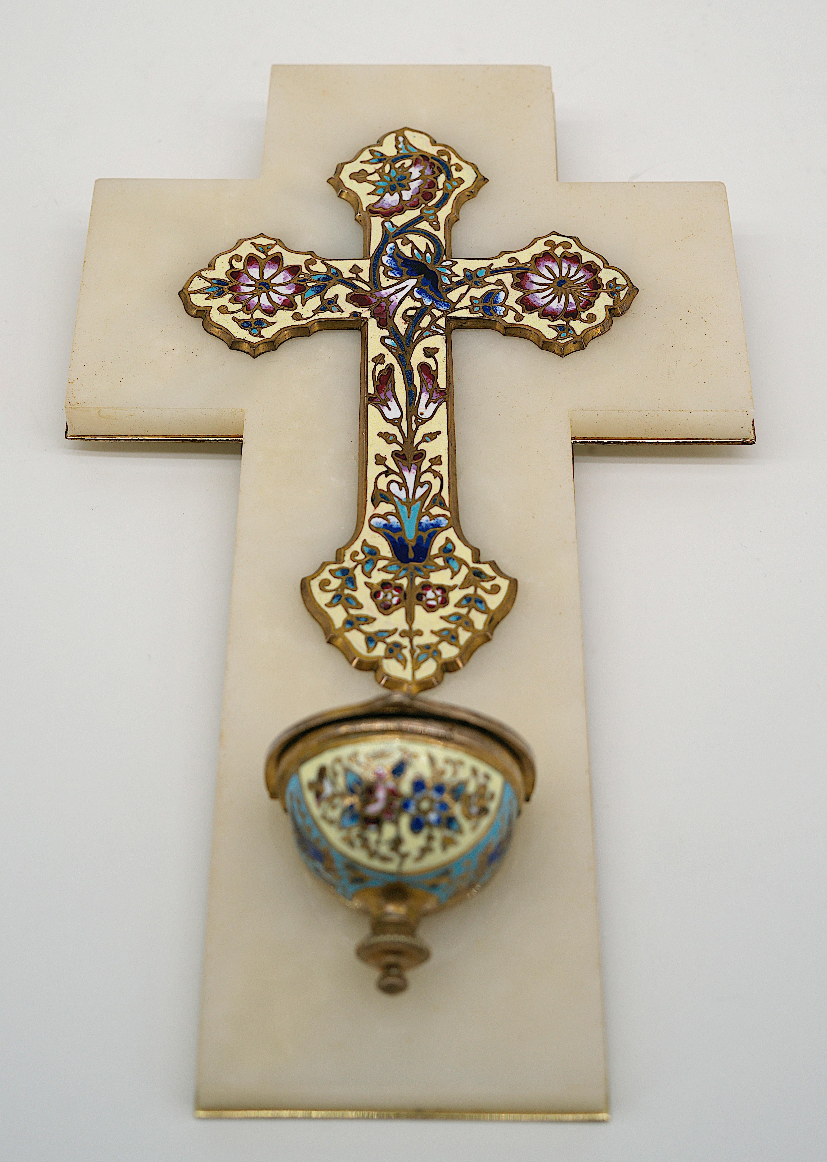 French Art Deco Cloisonne Bronze Stoup Crucifix, 1920 In Good Condition In Saint-Amans-des-Cots, FR