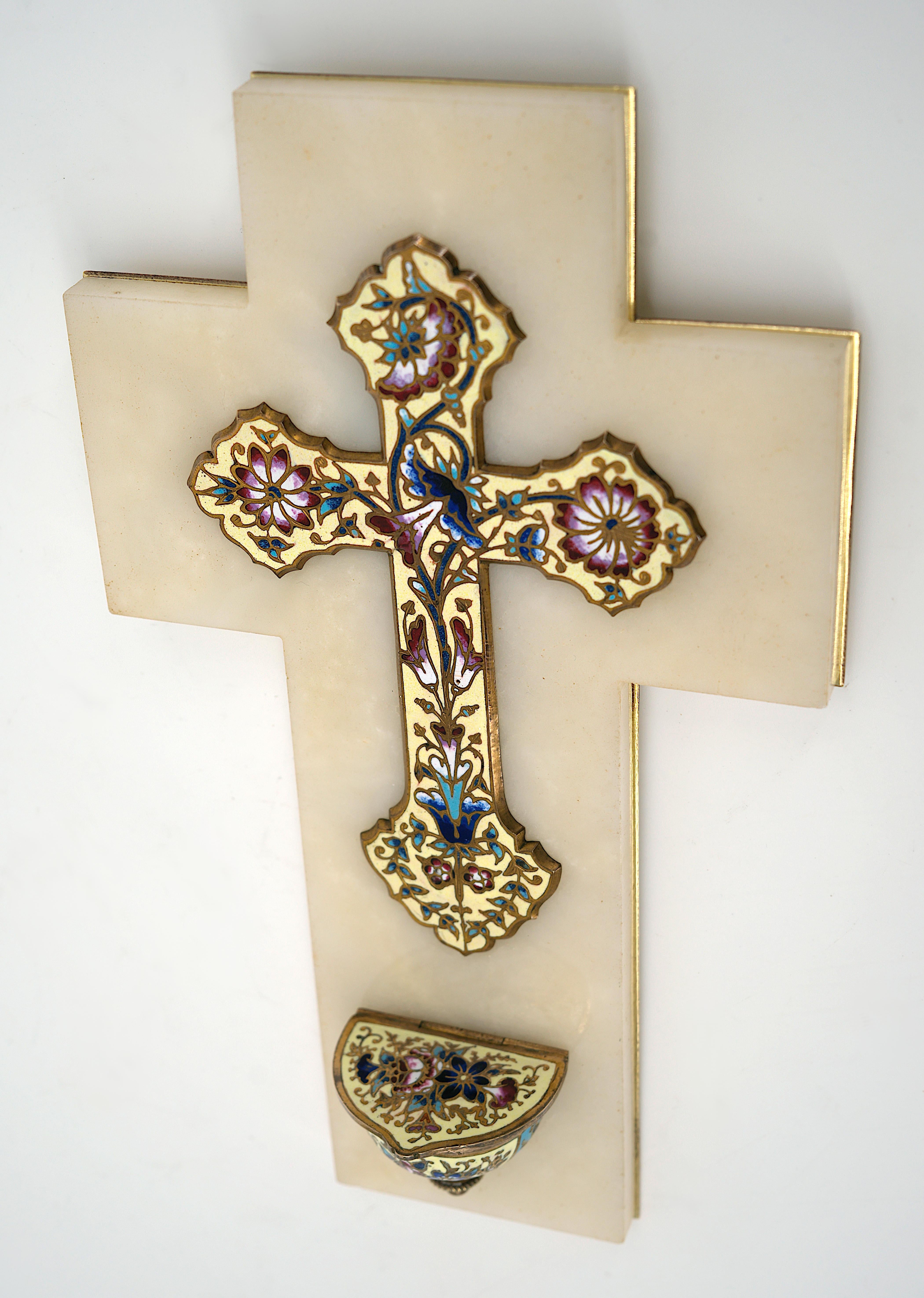 Early 20th Century French Art Deco Cloisonne Bronze Stoup Crucifix, 1920