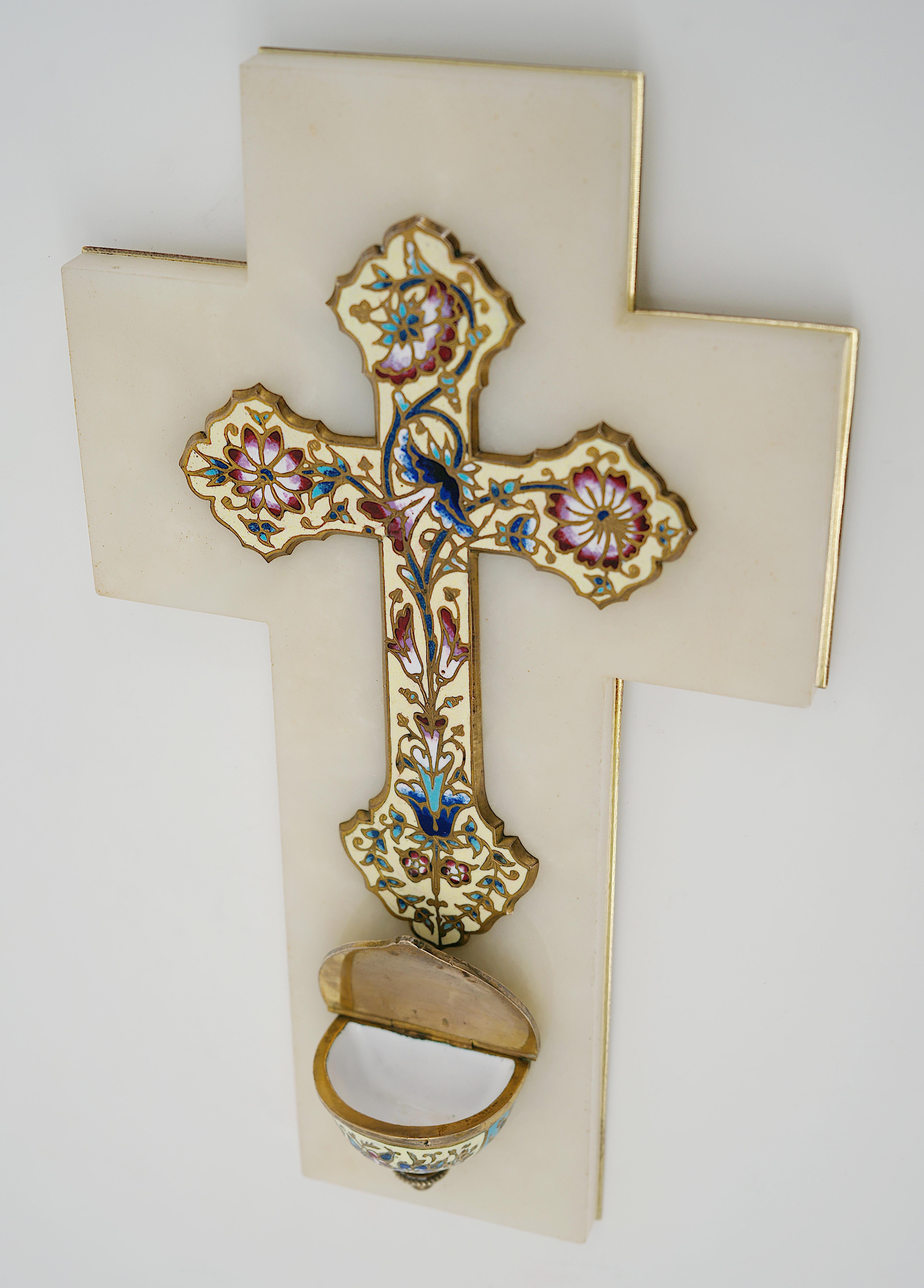 French Art Deco Cloisonne Bronze Stoup Crucifix, 1920 1