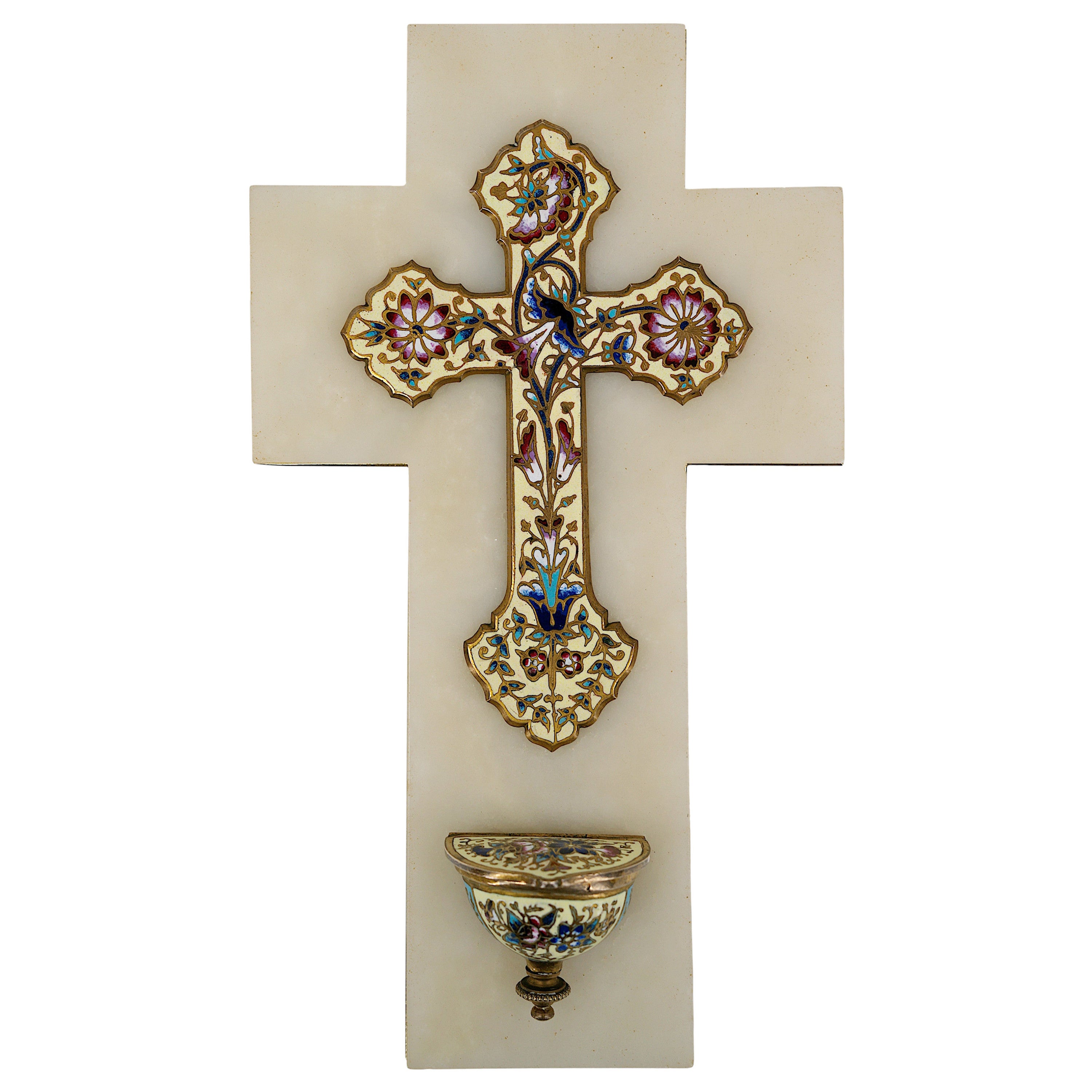 French Art Deco Cloisonne Bronze Stoup Crucifix, 1920