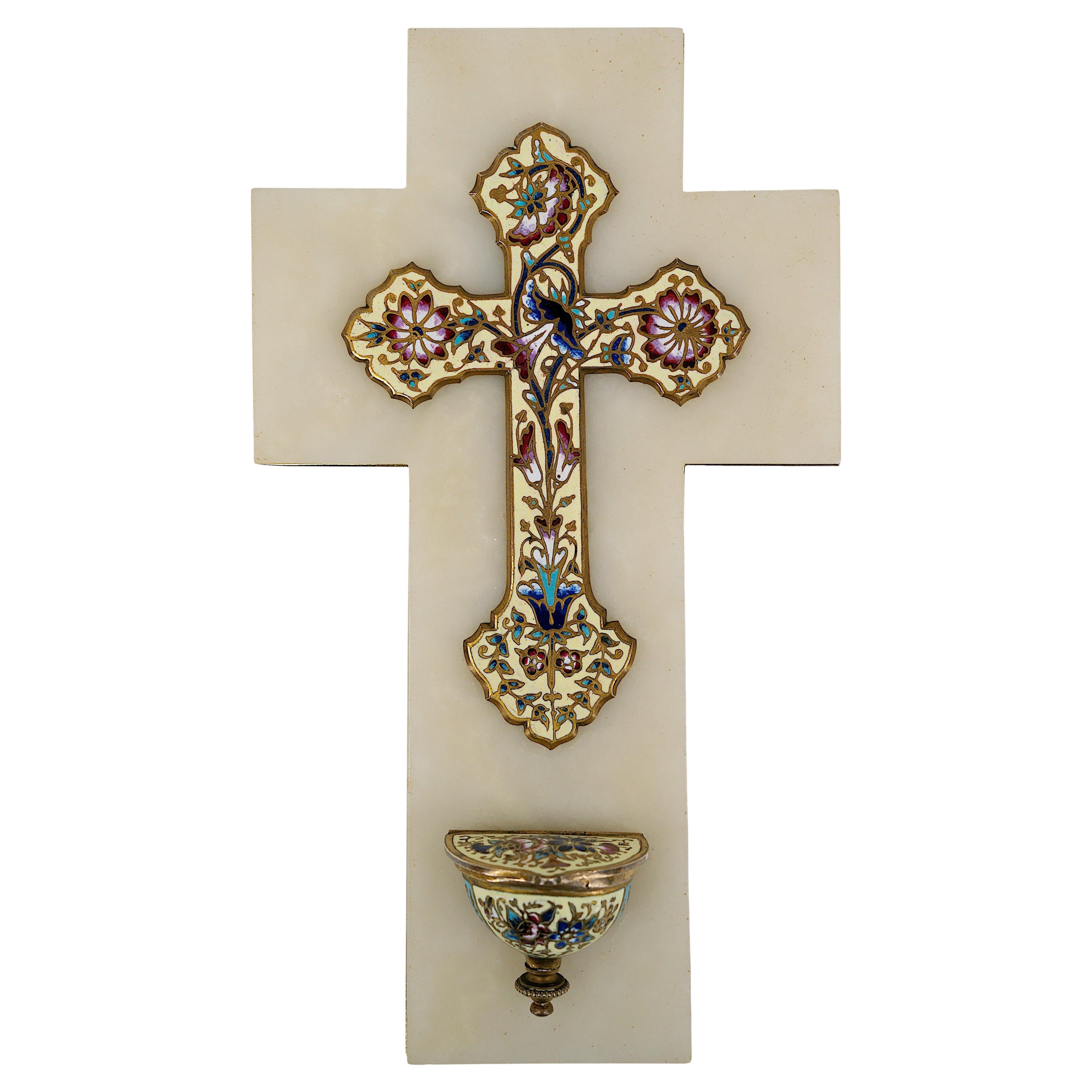 French Art Deco Cloisonne Bronze Stoup Crucifix, 1920 For Sale