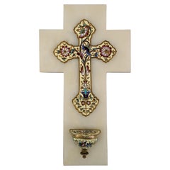 Vintage French Art Deco Cloisonne Bronze Stoup Crucifix, 1920