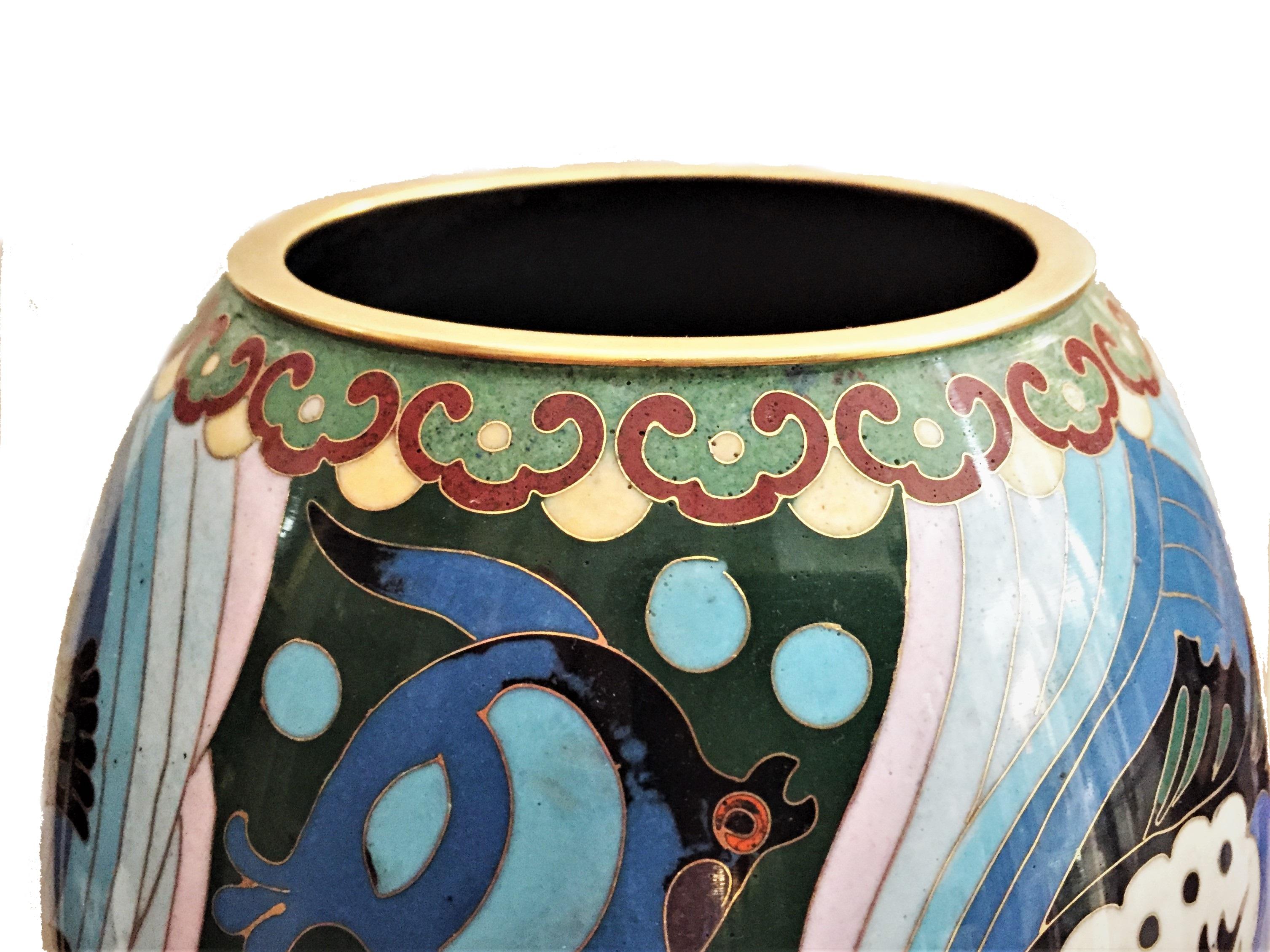 Enameled French Art Deco Cloisonné Enamel Vase with Fish and Sea Horses, circa 1920s