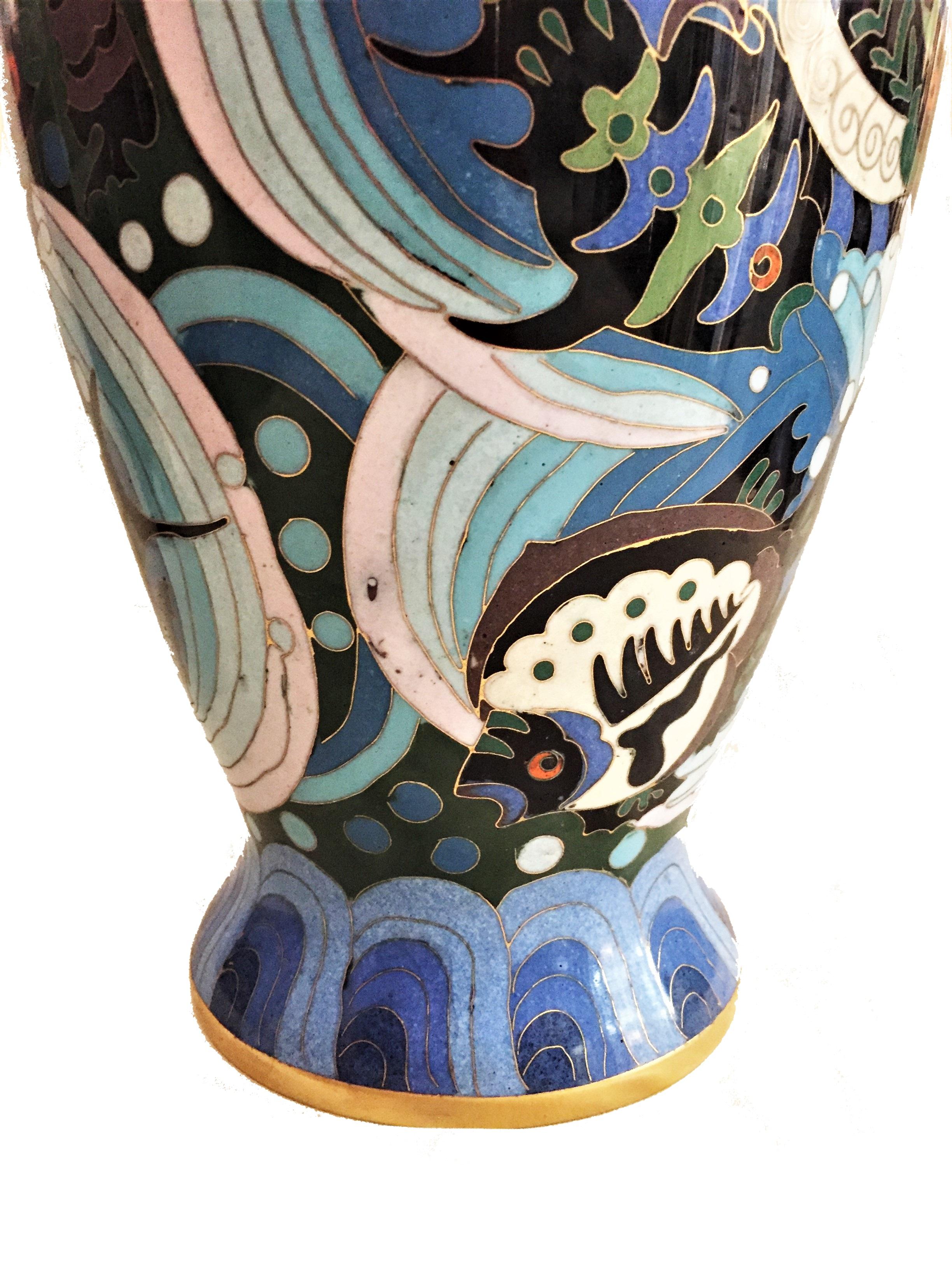 French Art Deco Cloisonné Enamel Vase with Fish and Sea Horses, circa 1920s In Good Condition In New York, NY