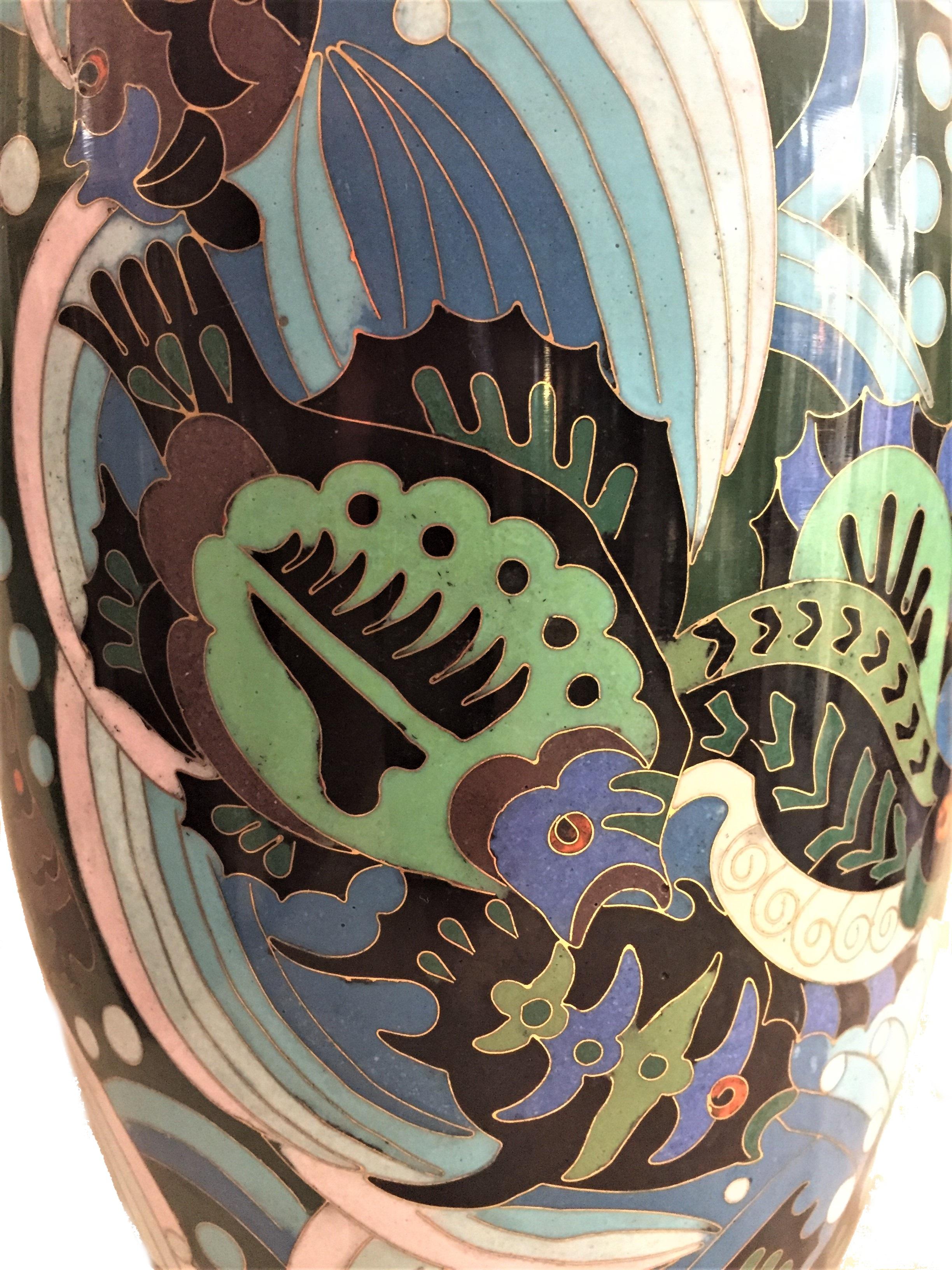 Early 20th Century French Art Deco Cloisonné Enamel Vase with Fish and Sea Horses, circa 1920s
