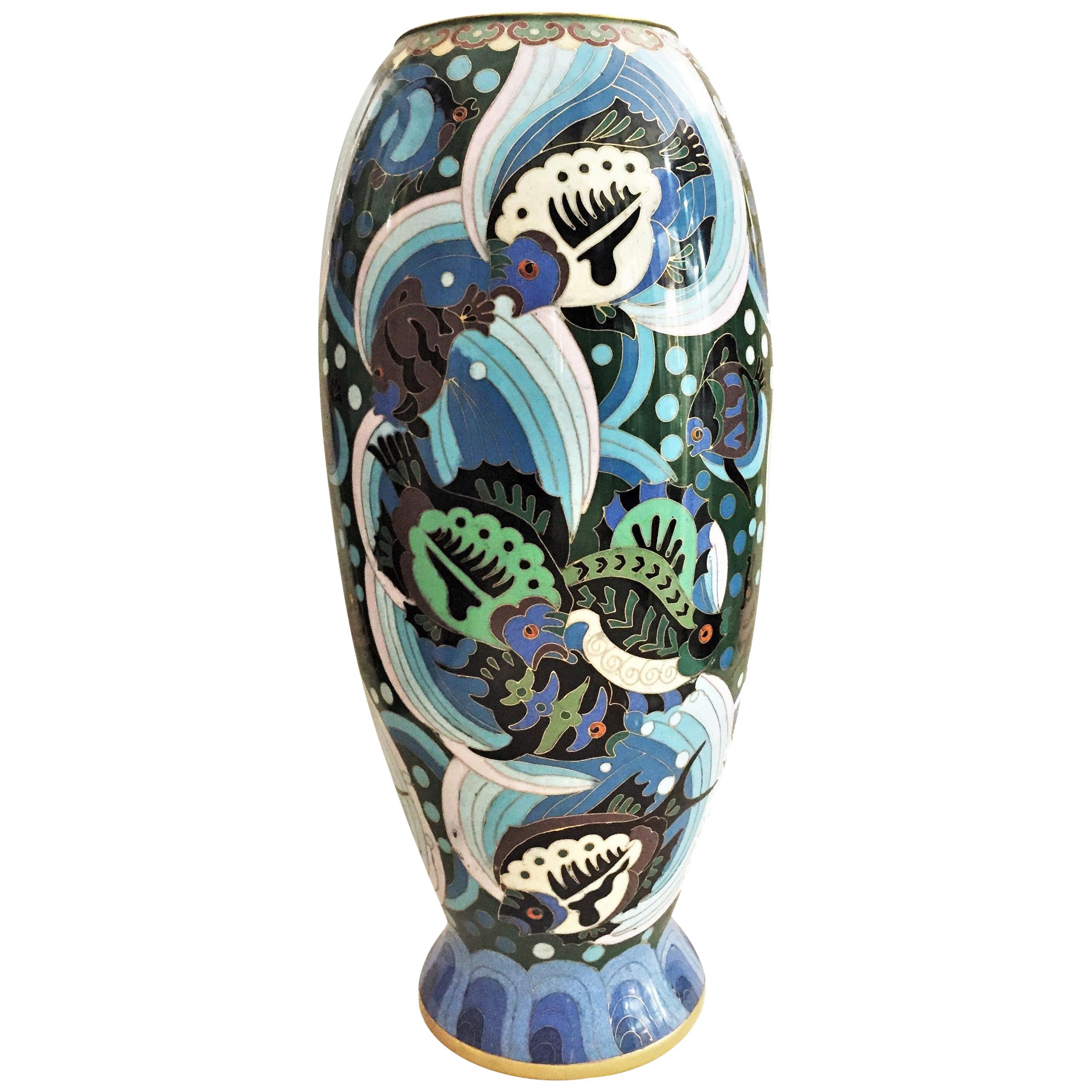 French Art Deco Cloisonné Enamel Vase with Fish and Sea Horses, circa 1920s