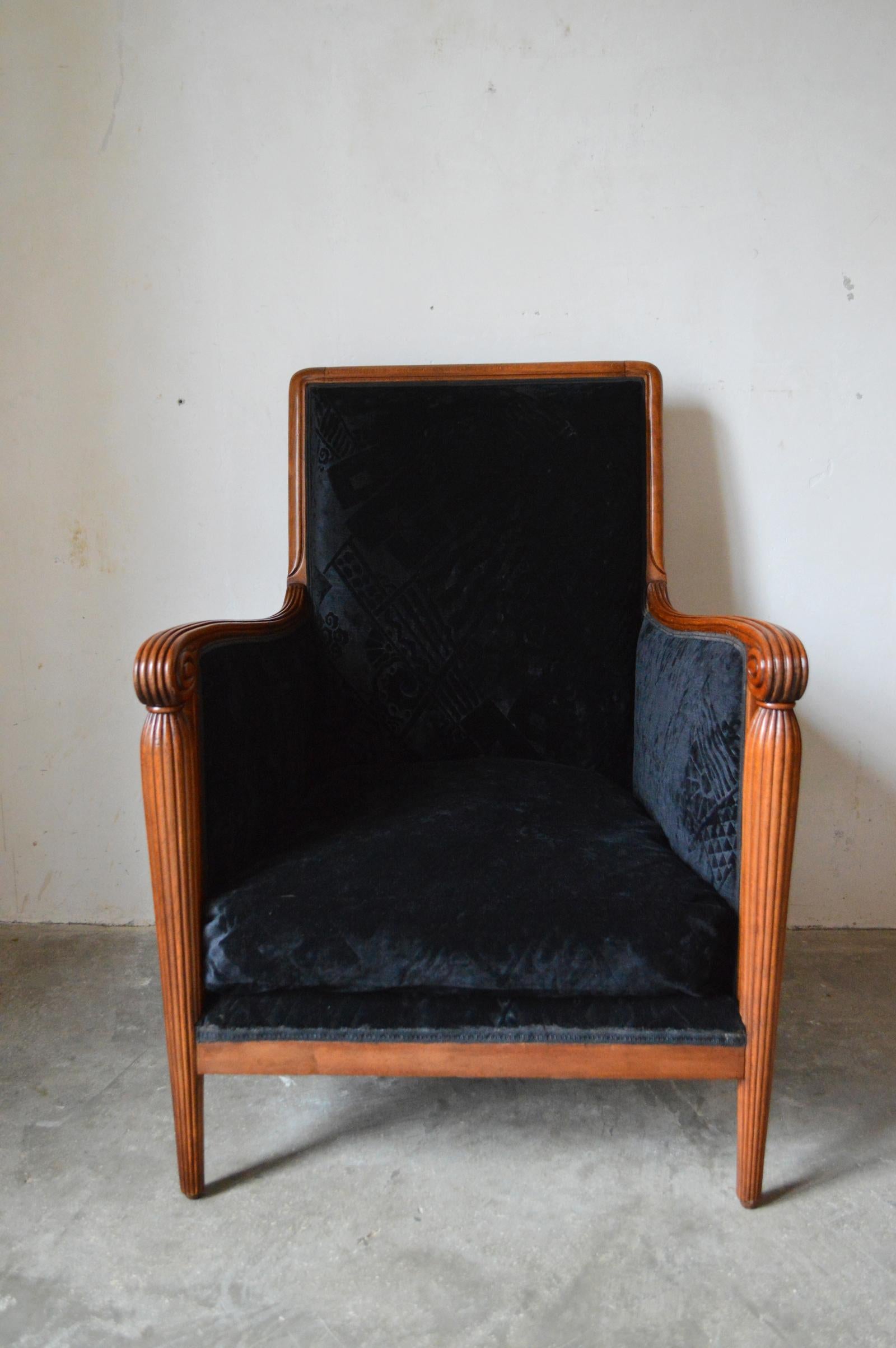 Carved French Art Deco Club Armchair Attributed to Maurice Dufrène, circa 1925