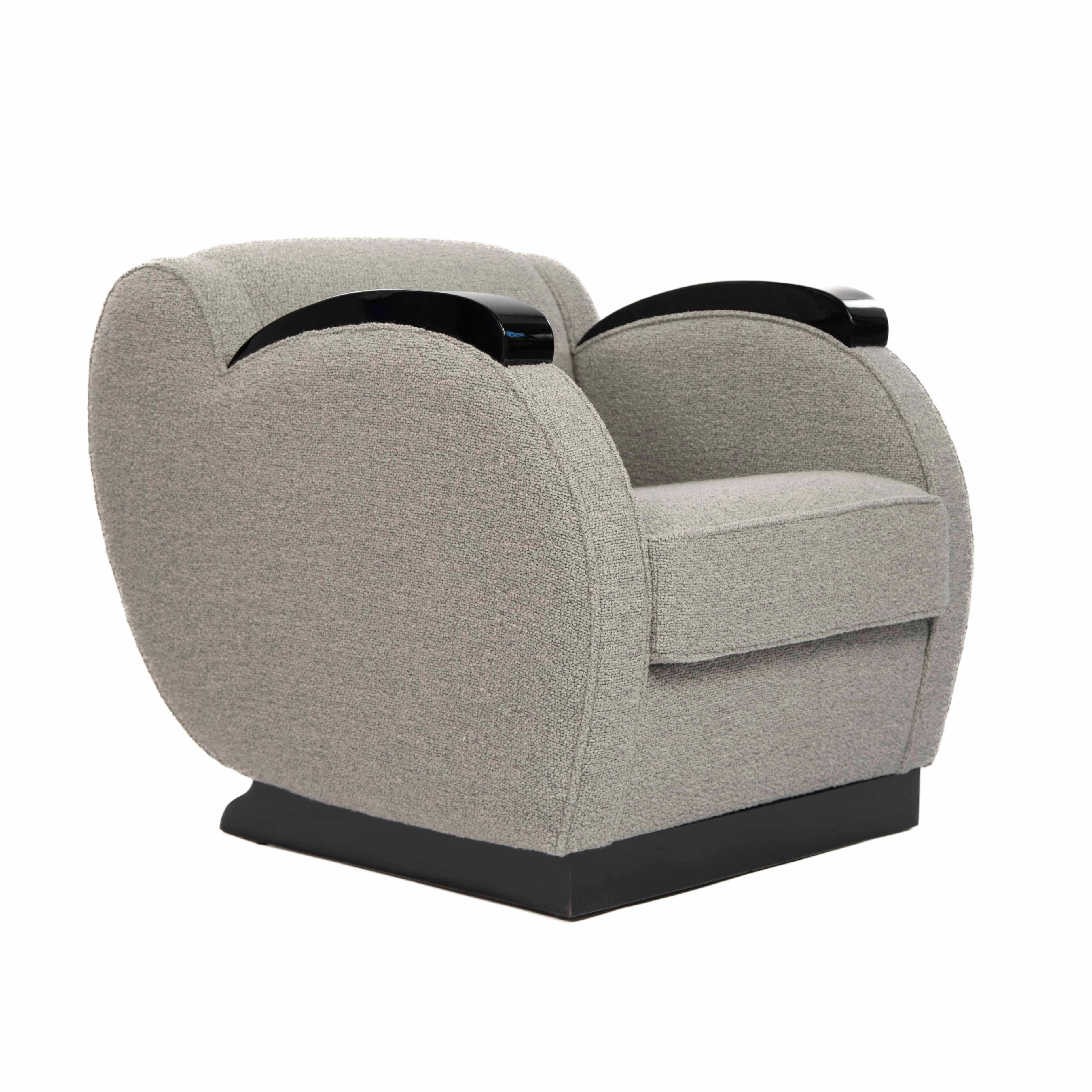 Sedia da club Art Déco francese Laccato nero lucido e tessuto bouclé grigio, anni '30 in vendita 3
