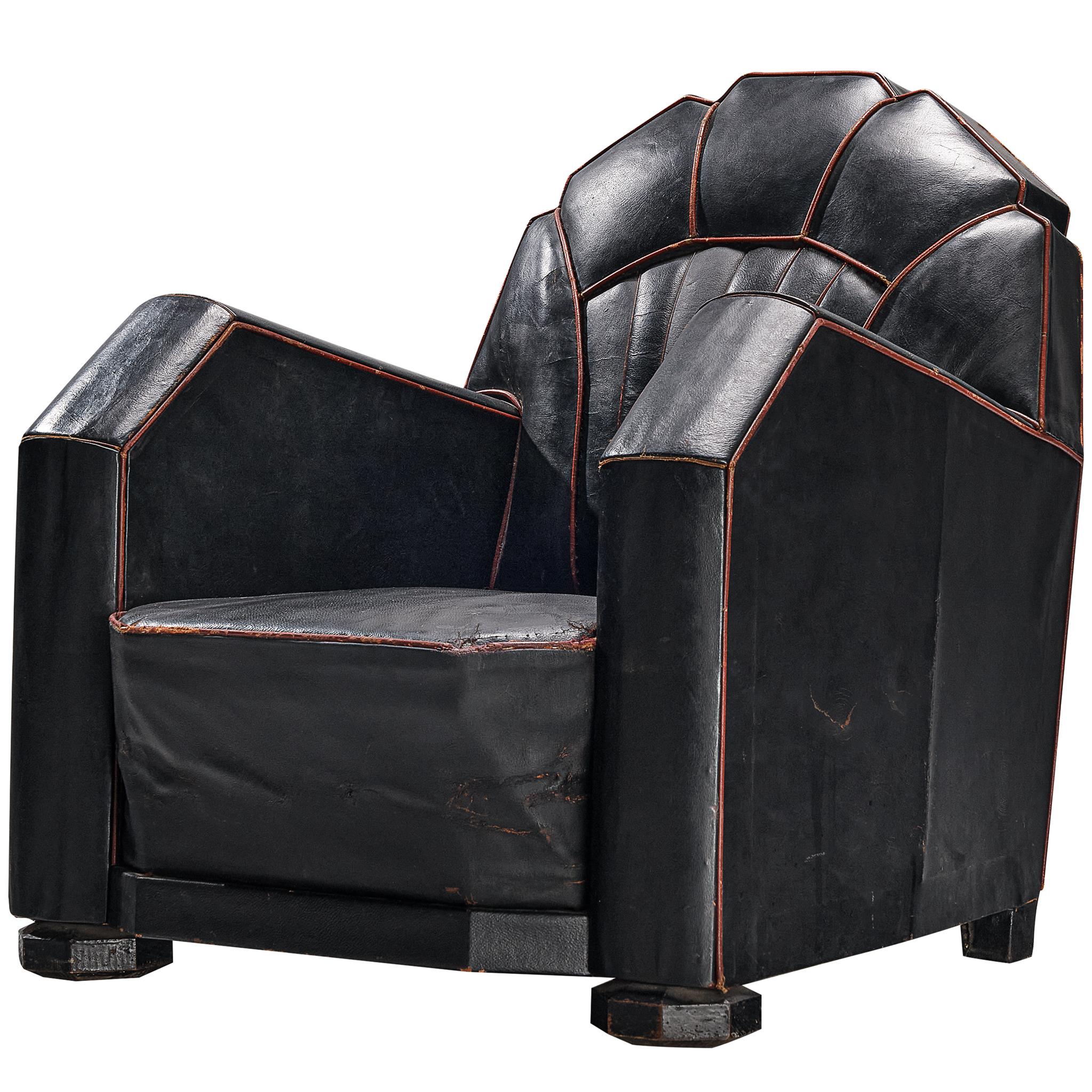 Silla Club Art Decó francesa de cuero negro