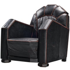 French Art Deco Club Chair in Black Leather