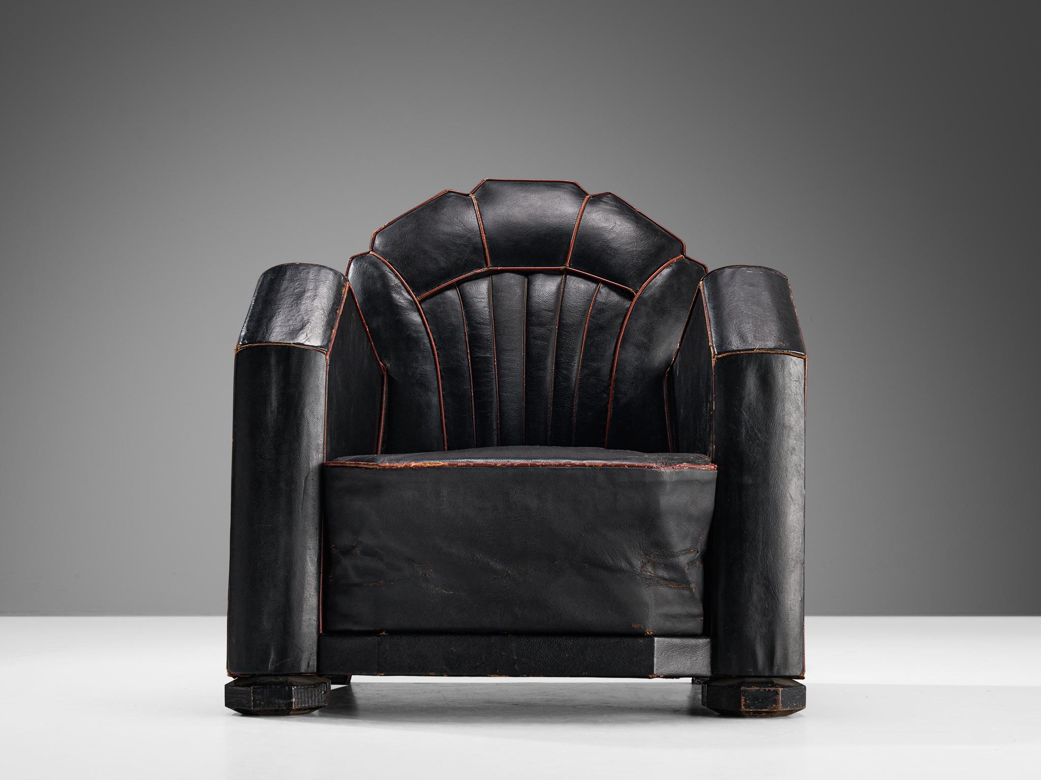 Mid-20th Century French Art Deco Club Chair in Black Leather For Sale