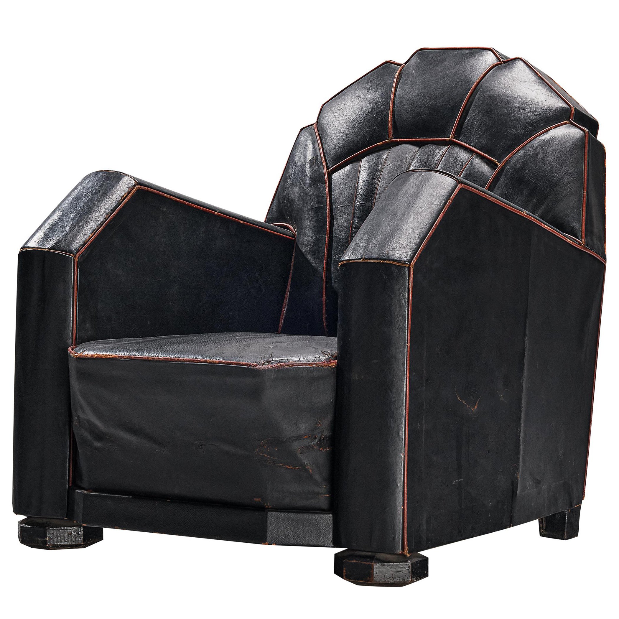French Art Deco Club Chair in Black Leather