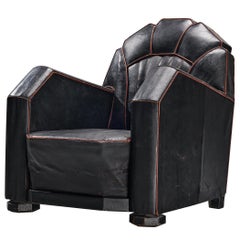 Sedia Club Art Deco francese in pelle nera